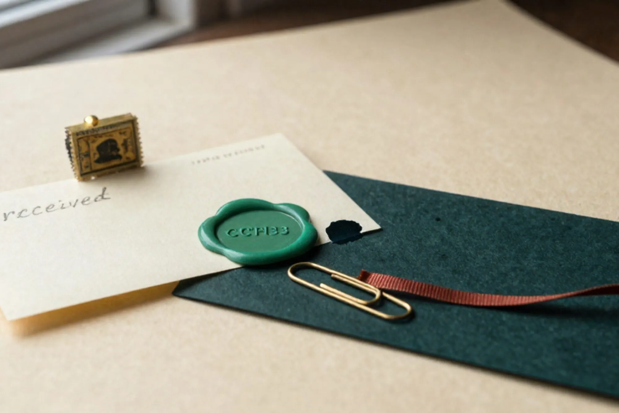 Brass stamp, torn cream receipt, chartreuse wax seal, paperclip and red ribbon on dark felt blotter.
