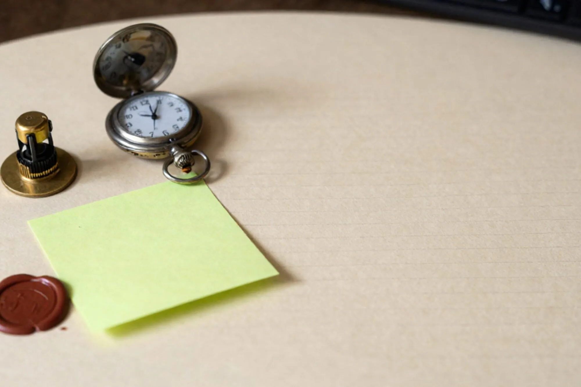 Brass relay, carbon-copy form, open pocket watch, green sticky tab, broken red wax seal on ivory desk.