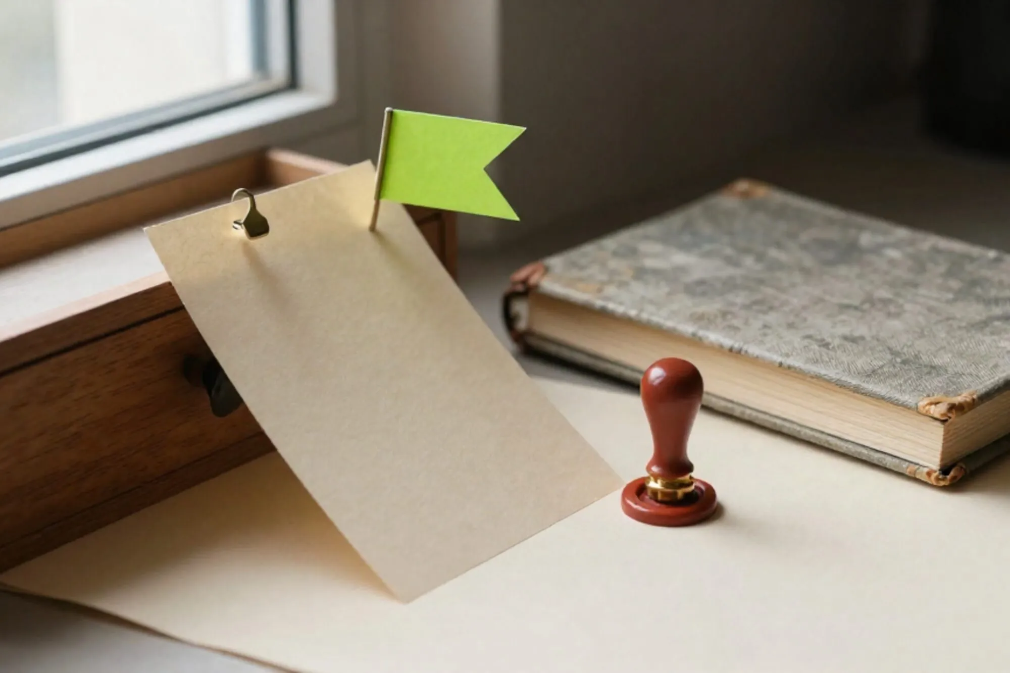 Houten kaartenbak met messing tab, felgroene papieren vlag op een kaart, linnen grootboek en rode lakzegel op ivoor papier.