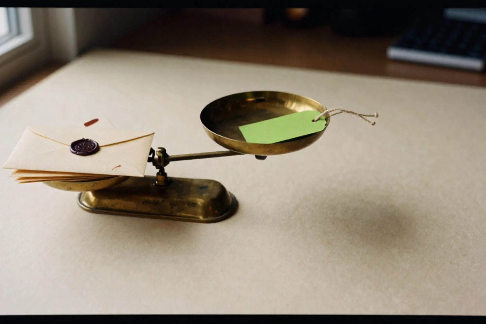 Brass postal scale on ivory desk, cream wax-sealed envelopes on one tray, green paper tag on empty tray.