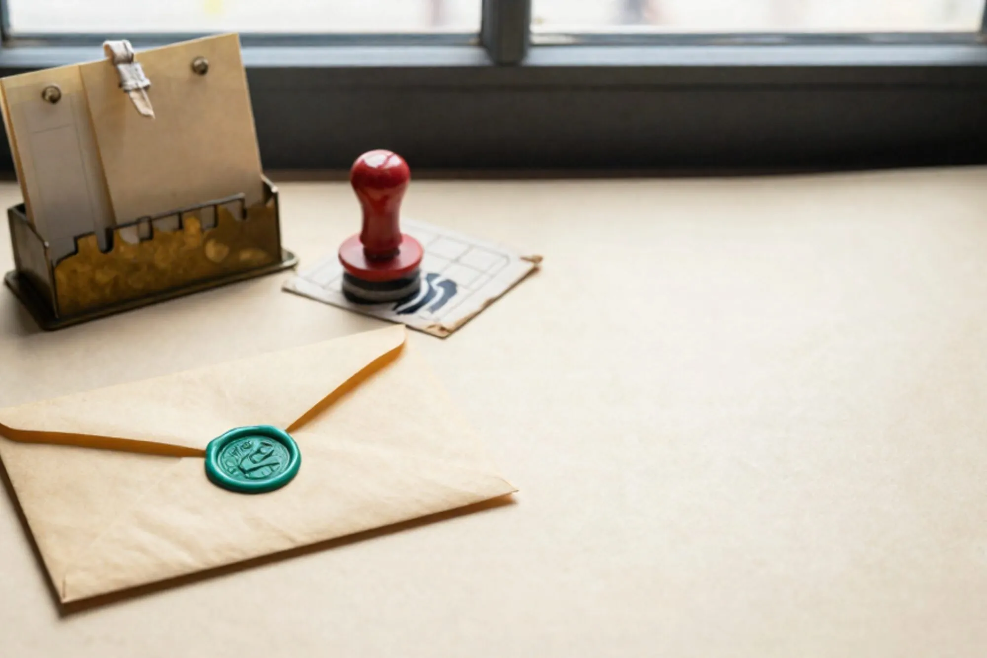 Manila envelope with green wax seal beside a brass mail rack holding three cream index cards and a red rubber stamp.