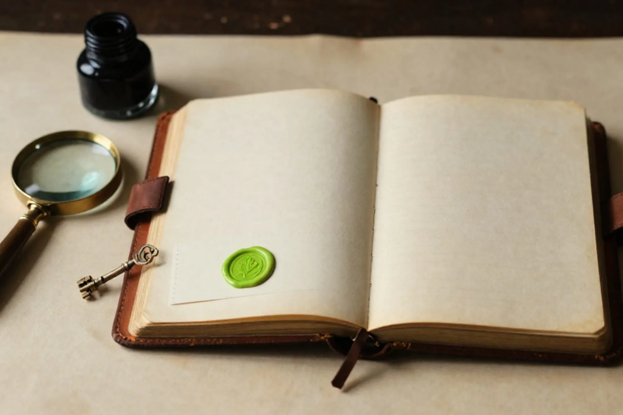 Open leather logbook with brass key across spine, index card with green wax seal, brass loupe and inkwell on ivory paper.