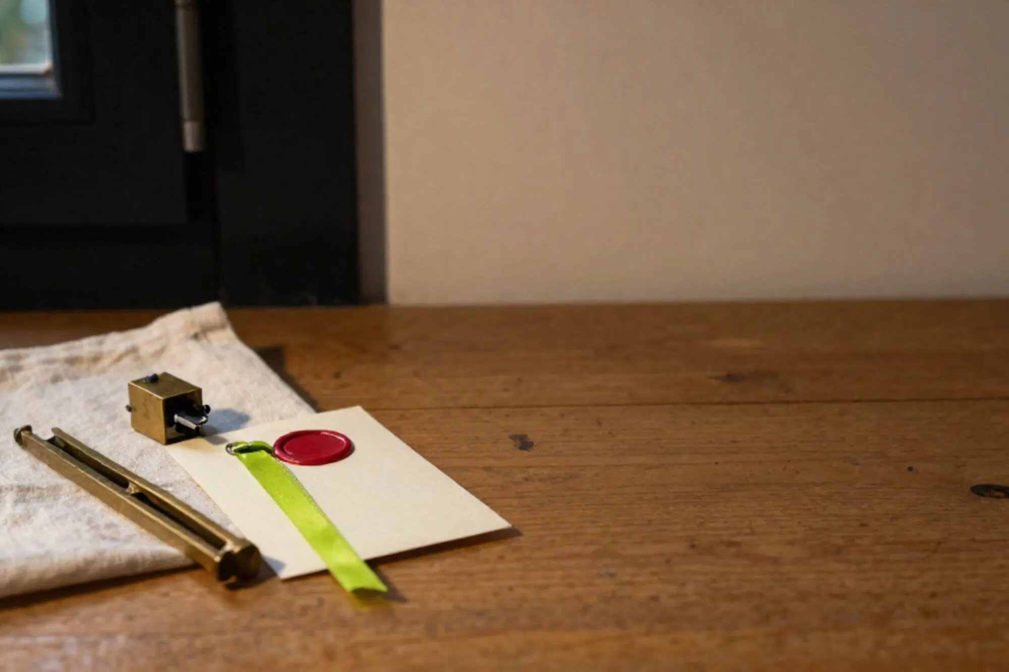 Brass relay switch on folded ivory linen, beside tarnished tuning fork and cream index card with green ribbon and red wax seal.
