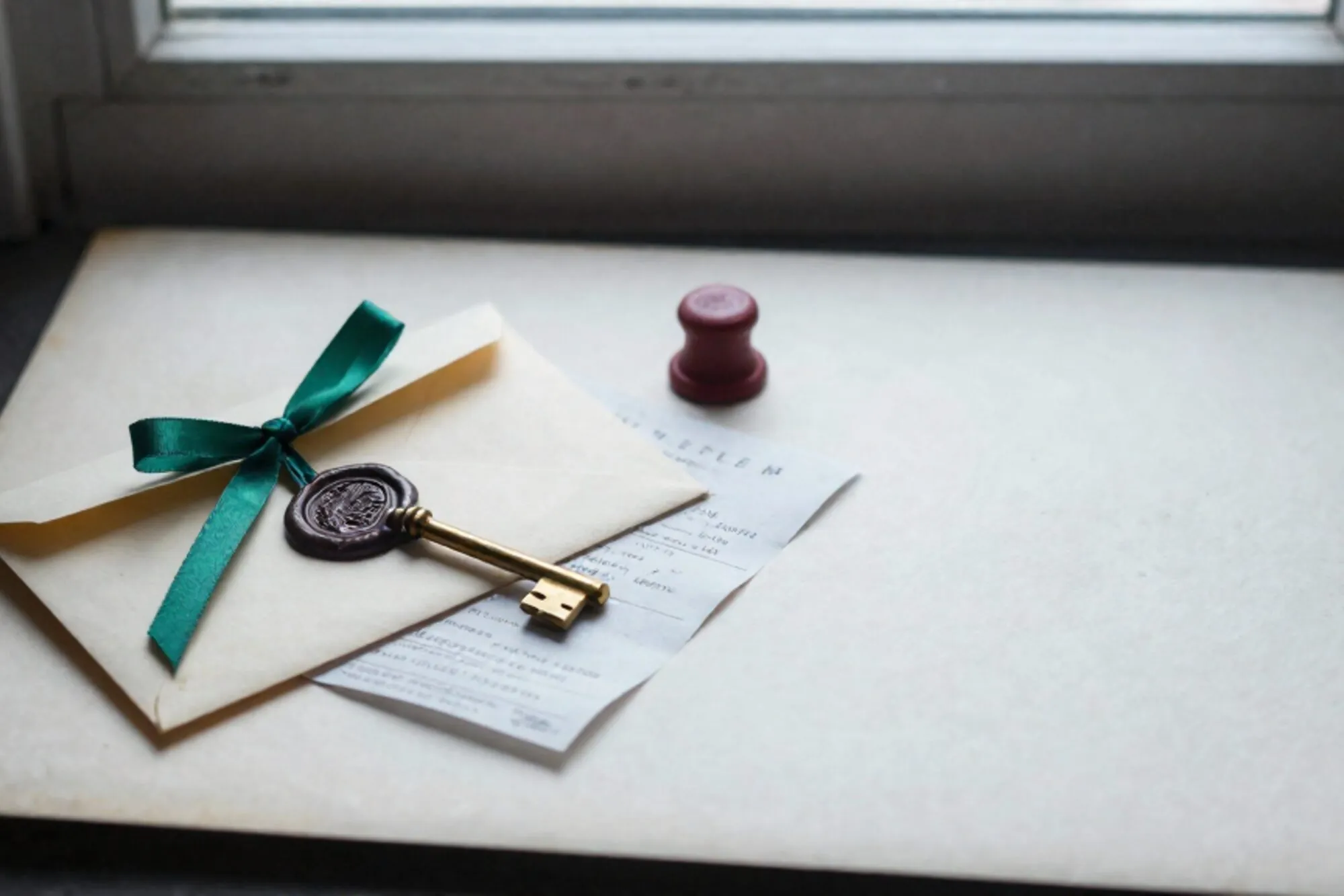 Crème envelop met groene lakzegel en limoenlint, gebogen messing sleutel op carbonpapier, rood lakstompje ernaast.