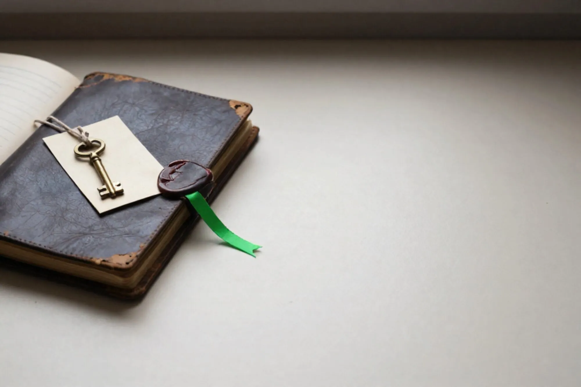 Open leather logbook on ivory blotter, brass key on cream card, iron tag with twine, green ribbon, red wax fragment.