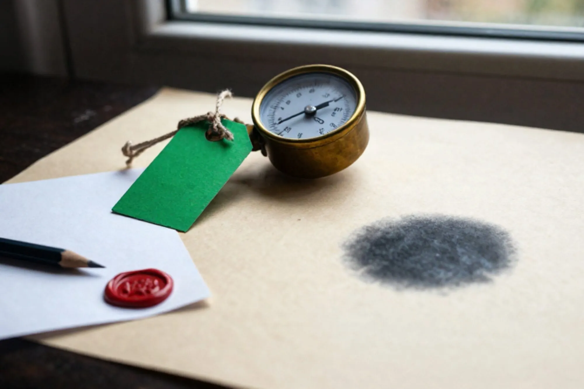 Brass pressure gauge tilted on ivory blotter, green paper tag on linen twine, carbon-copy slip, pencil stub, red wax seal.