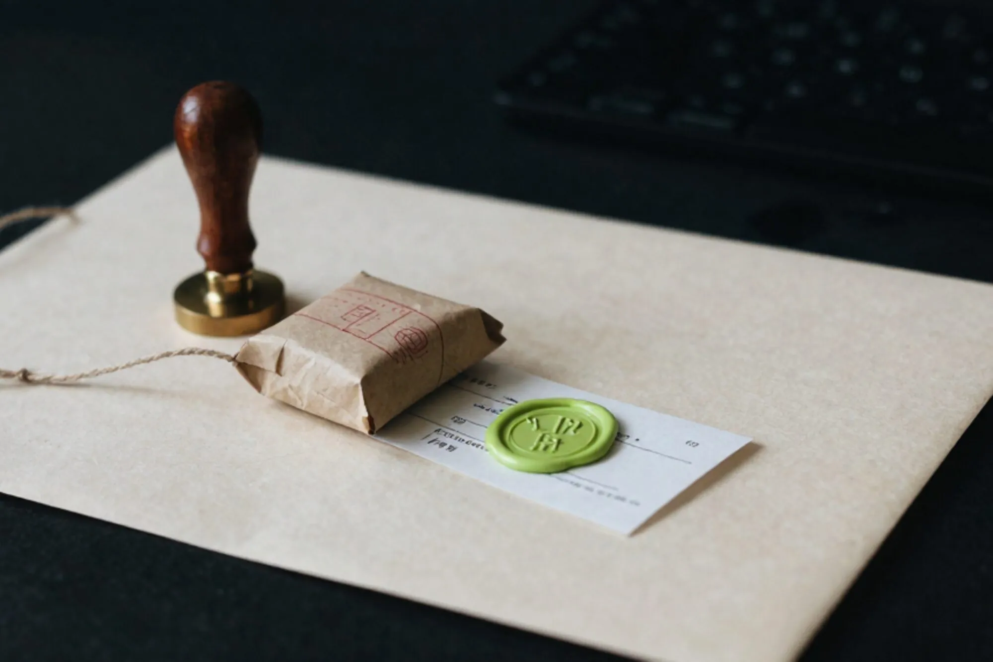 Half-unwrapped craft-paper parcel, brass scale, chartreuse wax seal on receipt, linen twine on ivory blotter.