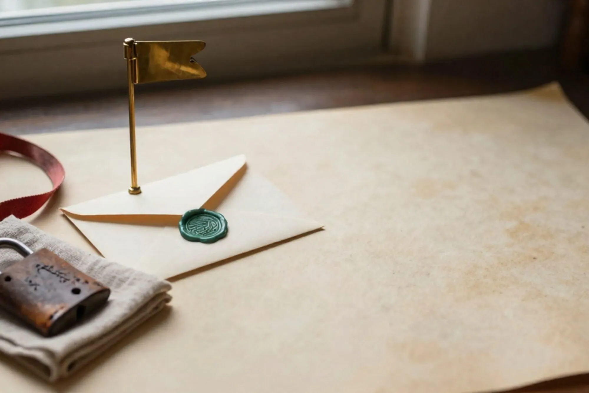 Brass mailbox flag, ivory envelope with green wax seal, iron padlock on linen, leather blotter, red ribbon on bone desk.