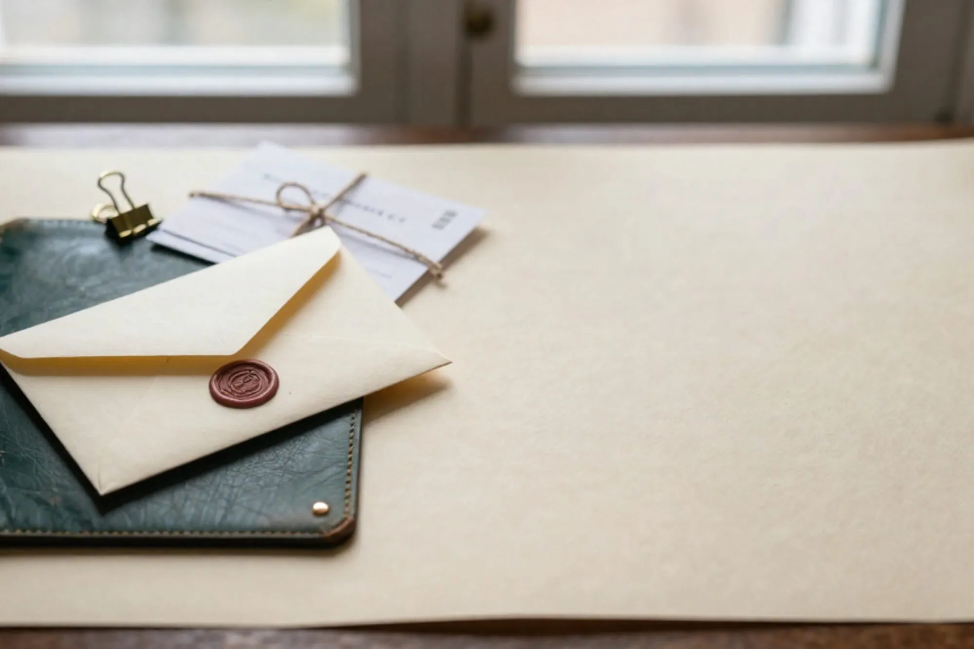Cream envelope with chartreuse ribbon on dark green leather blotter, brass paperclip and twine-tied paper docket beside it.
