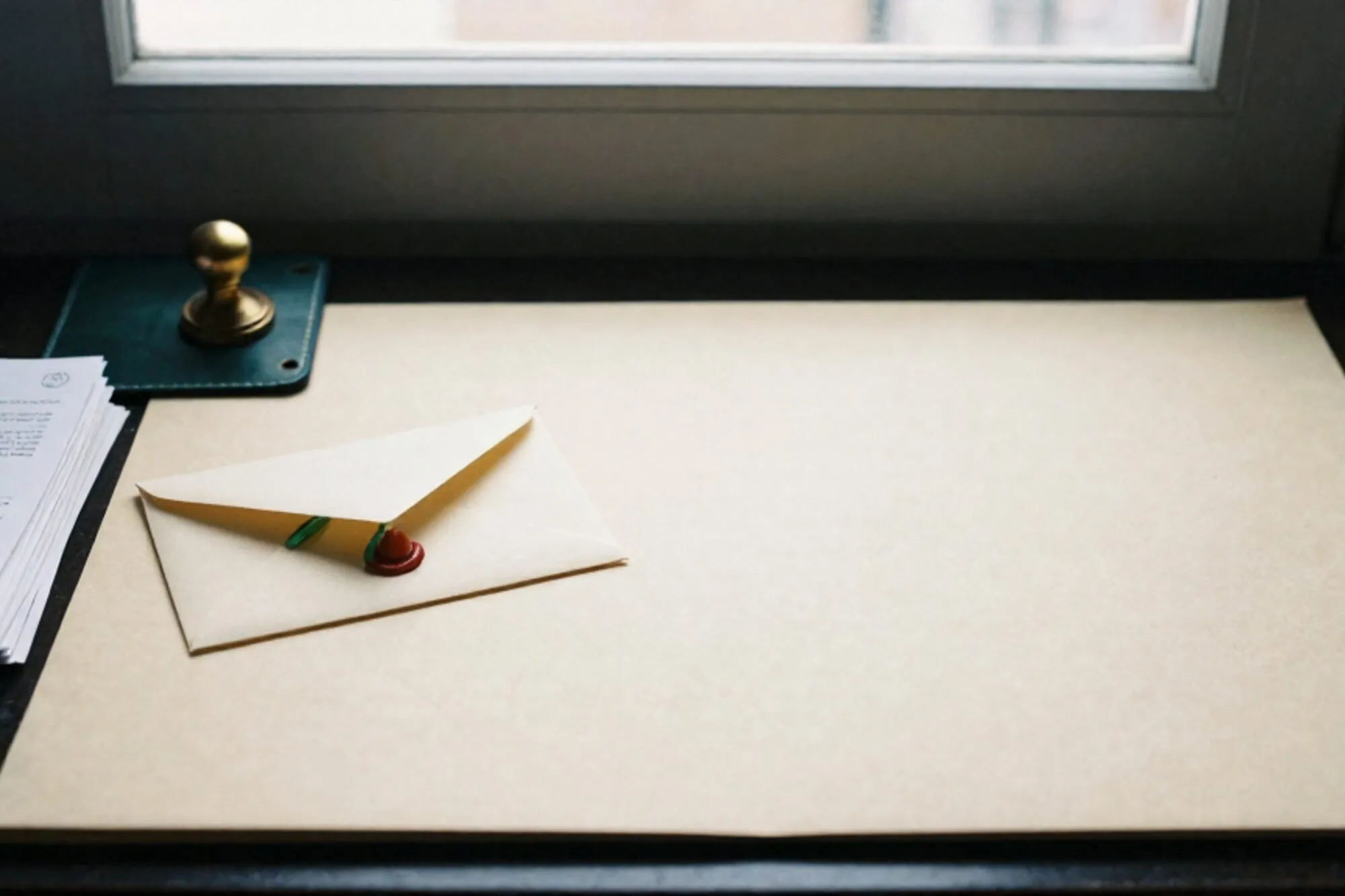 Cream envelope with chartreuse ribbon on ivory blotter, folded invoices, brass paperweight, forest-green leather pad.