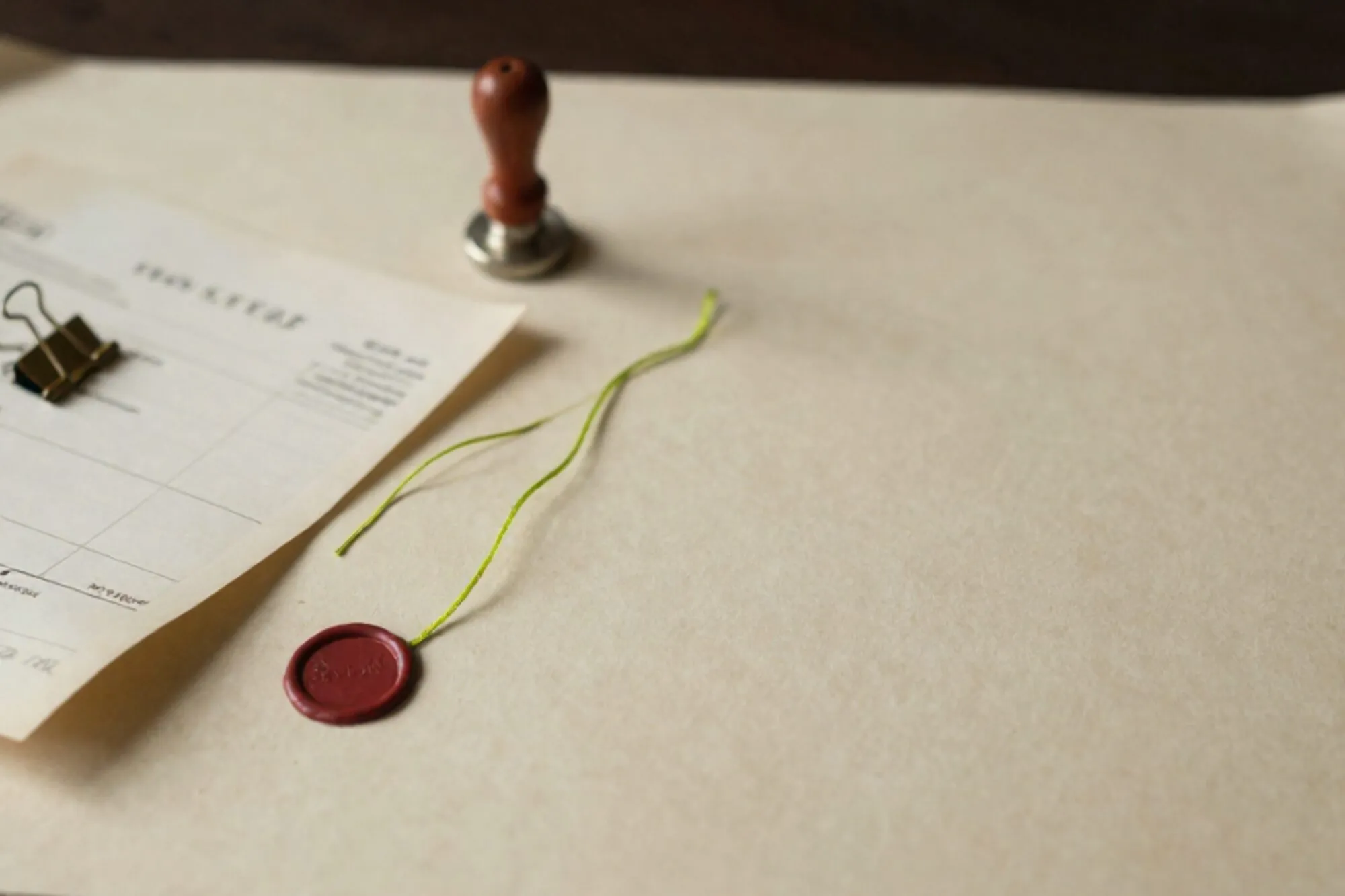 Cream invoice with folded corner, brass paperclip, green silk thread, red wax seal on ivory paper surface.
