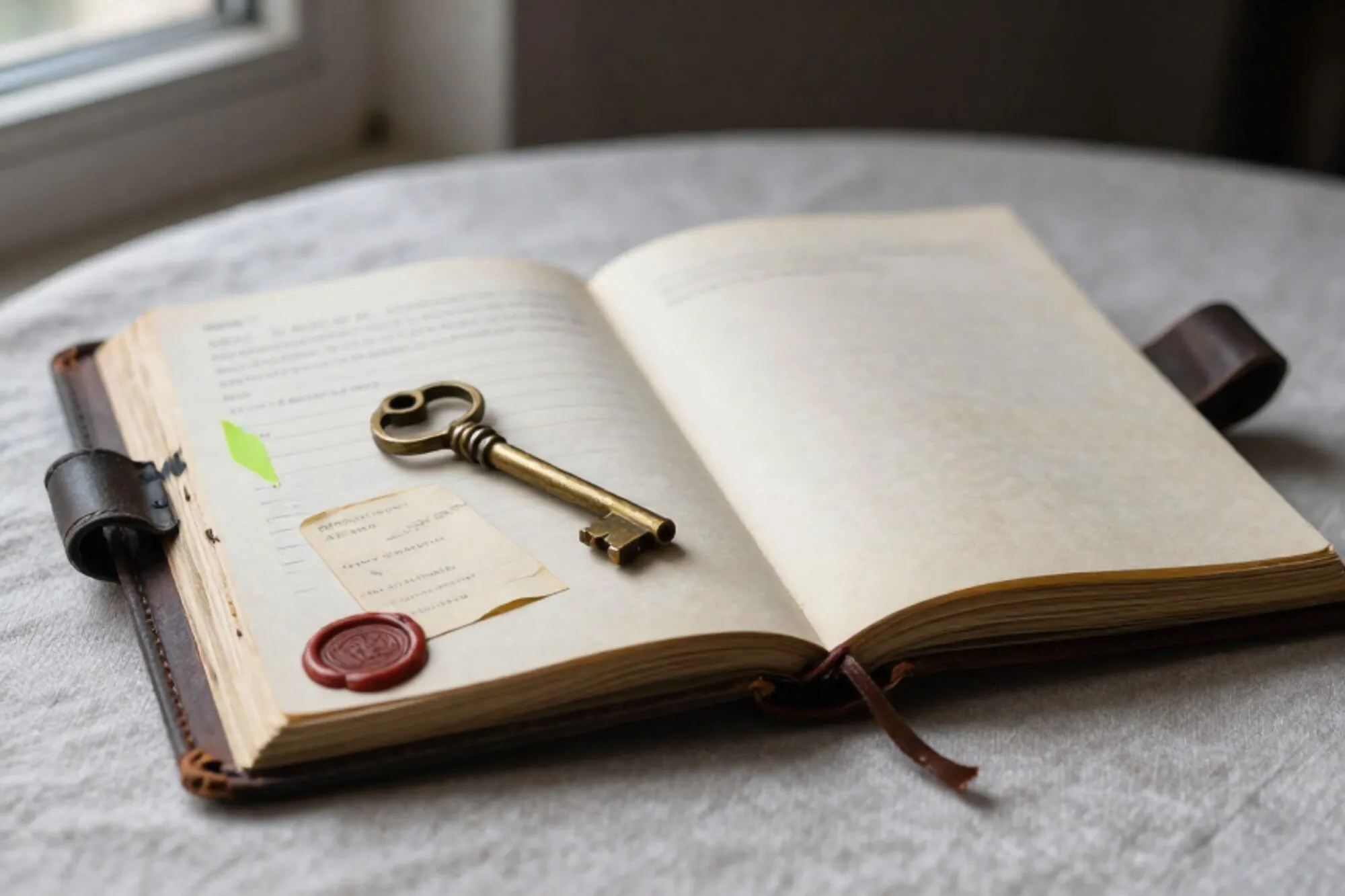 Open leather ledger on ivory paper with brass key, torn card, chartreuse ribbon, broken red wax seal on linen.