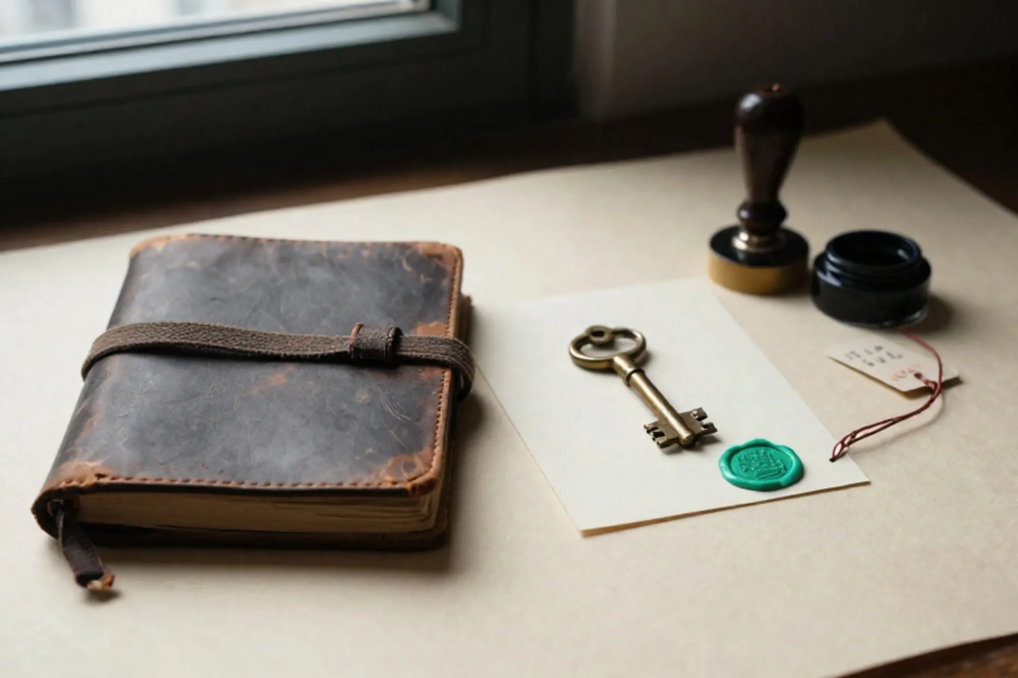 Closed leather logbook, brass key on cream card, rubber stamp, ink pad, green wax seal, red string tag on ivory desk.