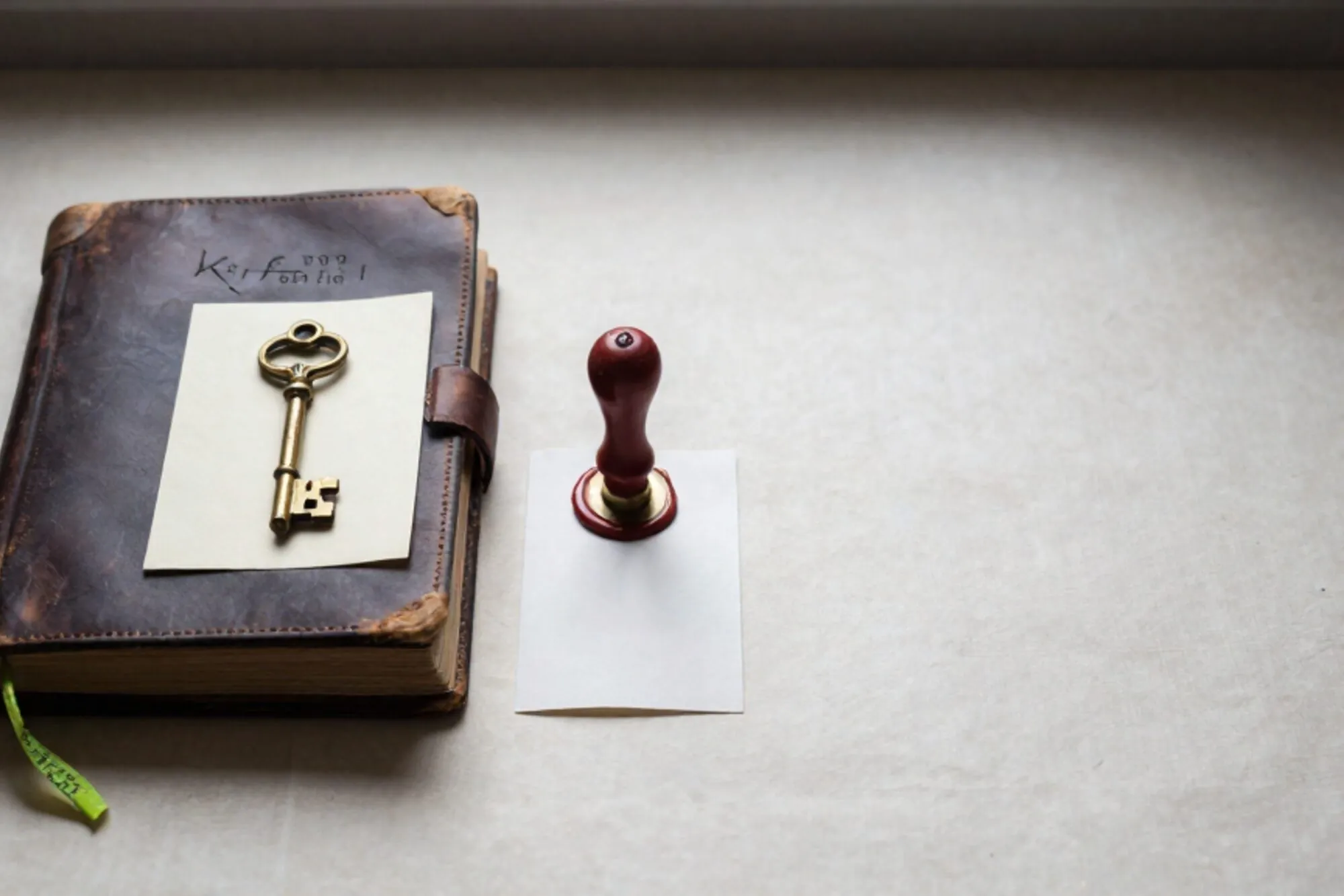 Leather logbook with brass key on cream card, green ribbon, red wax seal on linen desk by window.