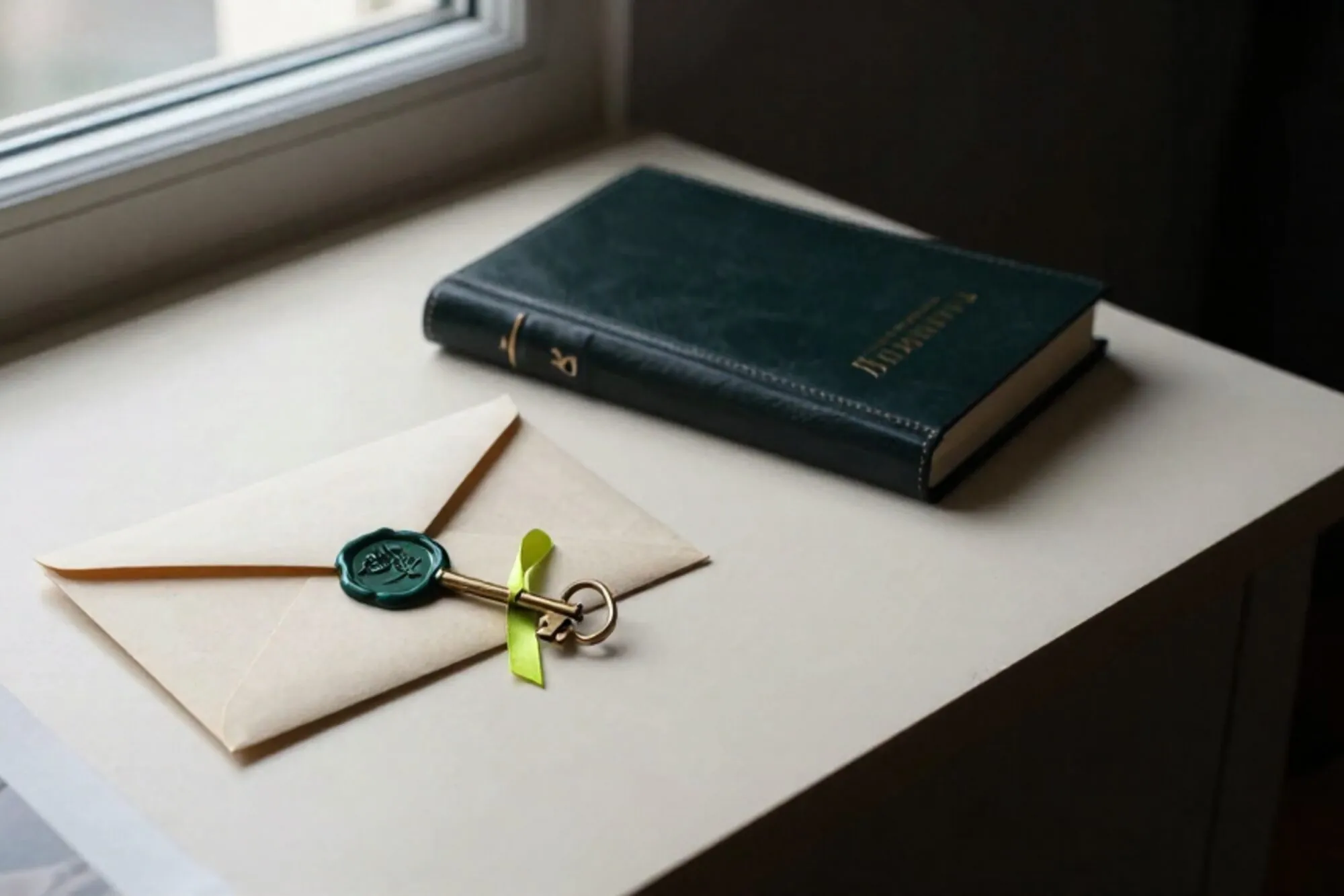 Cream wax-sealed envelope with brass key and green silk ribbon on ivory desk, leather ledger behind, deep shadow.