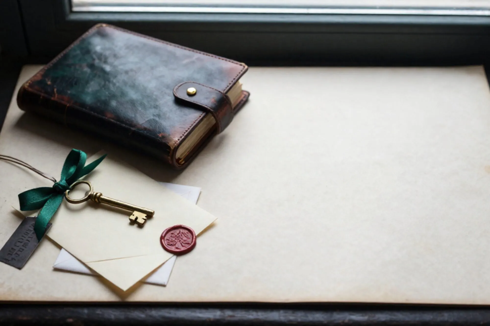 Leather ledger with brass corners, brass key on cream card with green ribbon, wax-sealed envelope, iron tag on ivory desk.