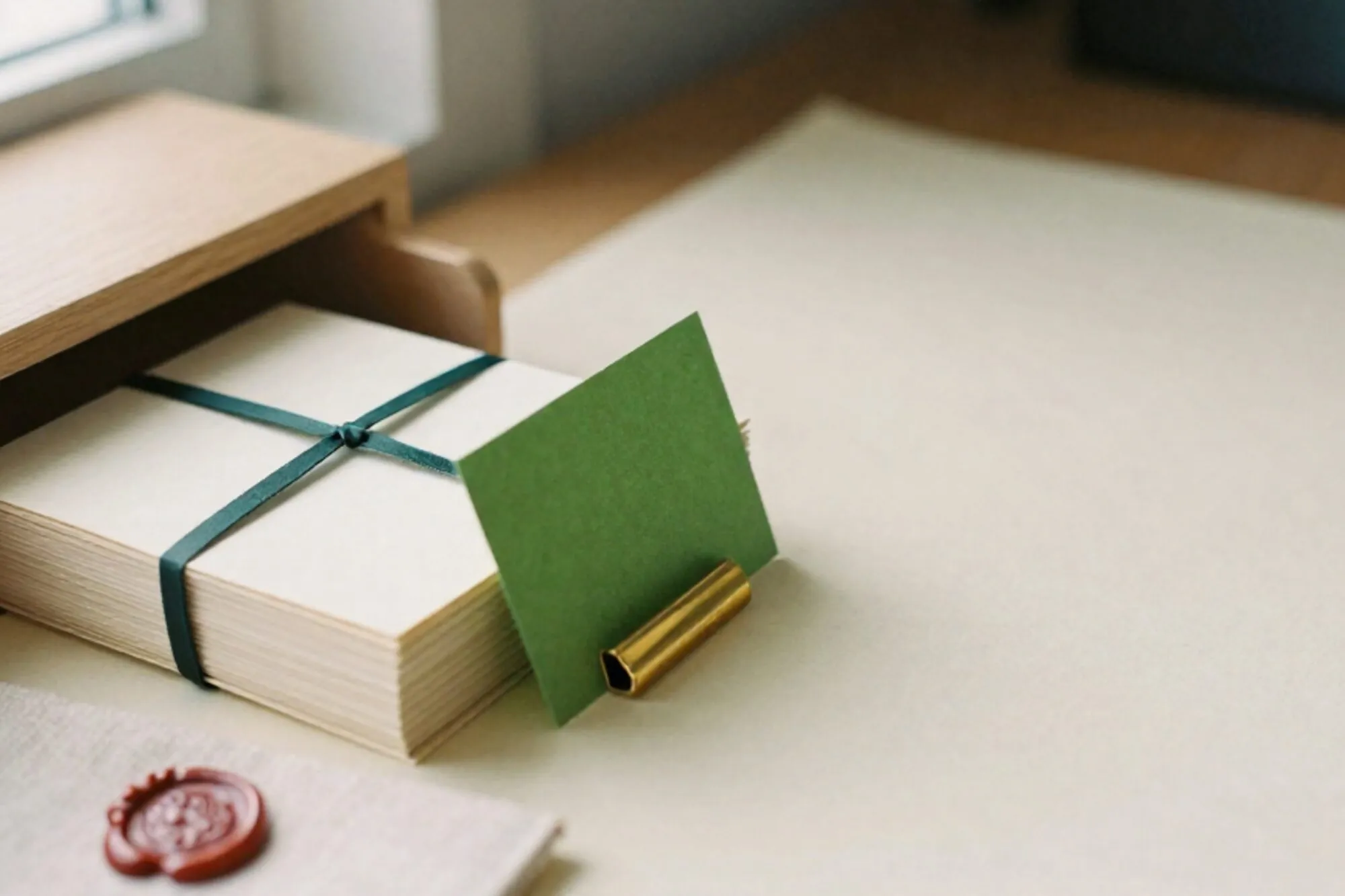 Oak index-card drawer open on ivory desk, cream cards with green tab, brass divider, red wax seal, side light.
