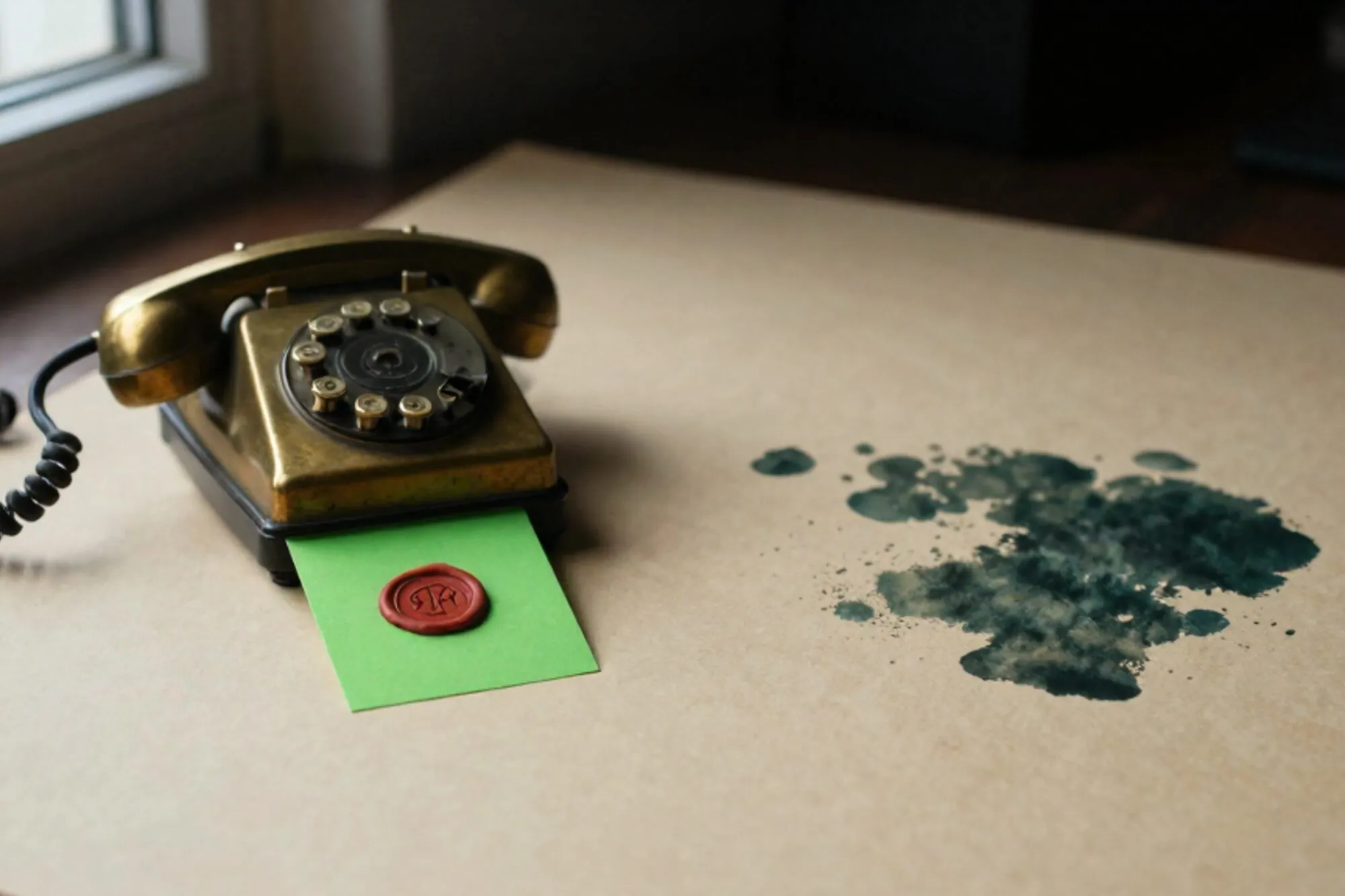 Koperen telefoonschakelbord met twee stoffen kabels en groene indexkaart met rood wasstempel op ivoren bureau.