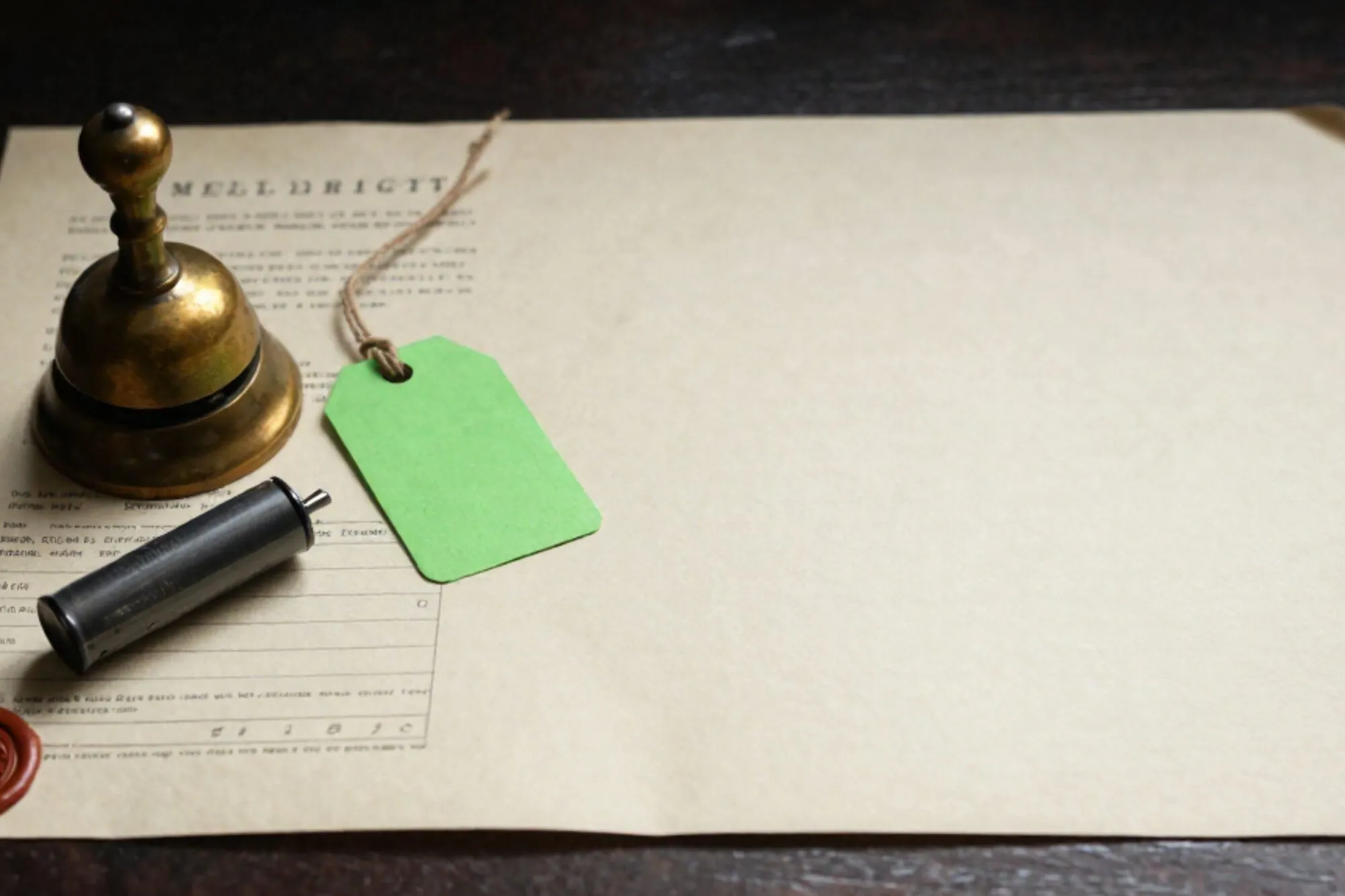 Manila freight manifest under brass desk bell, pneumatic tube cartridge, green paper tag, red wax seal on ivory paper.