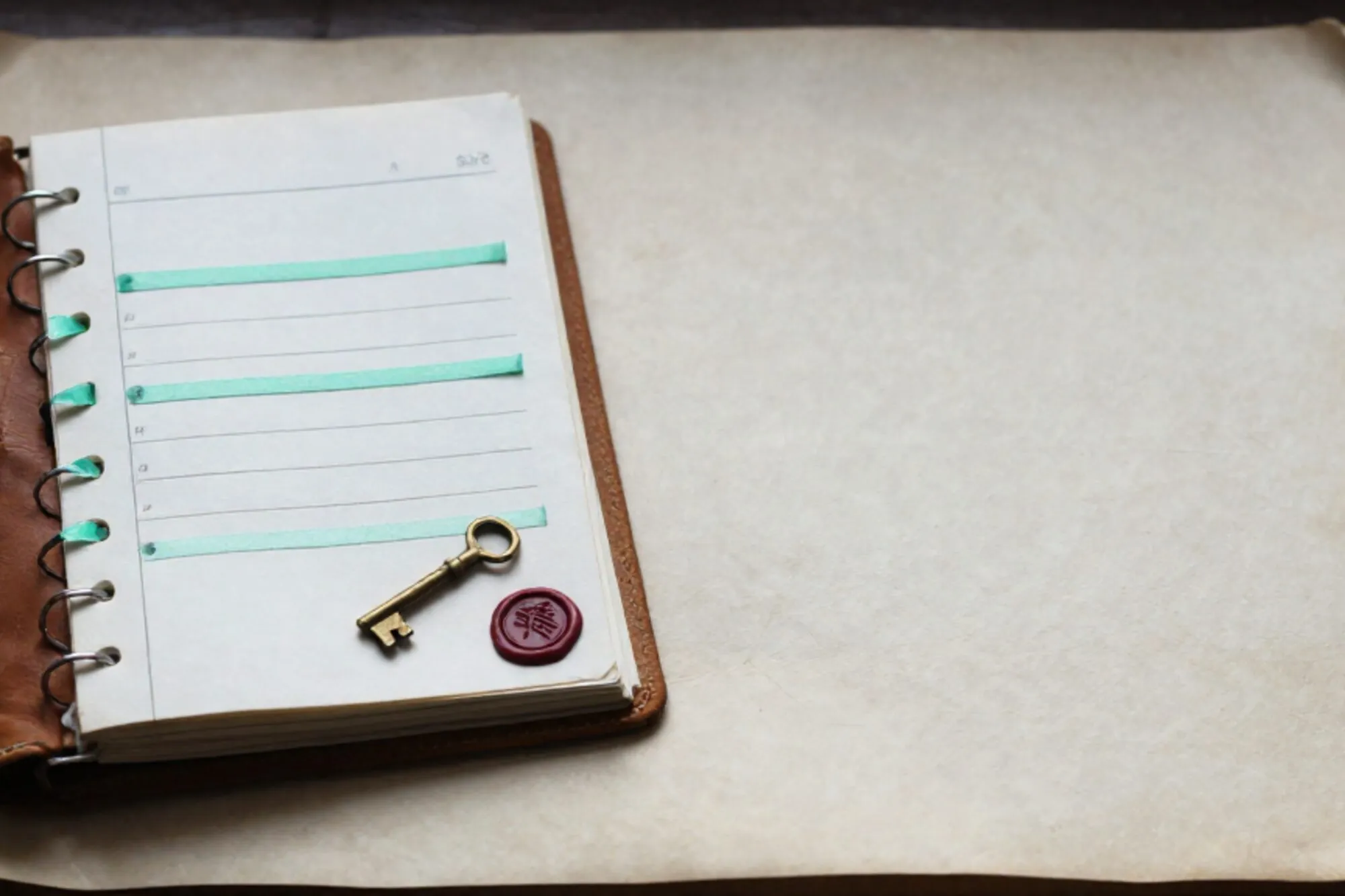 Open leather logbook with five green silk ribbons, a brass key on the spine, and a red wax seal on ivory paper.
