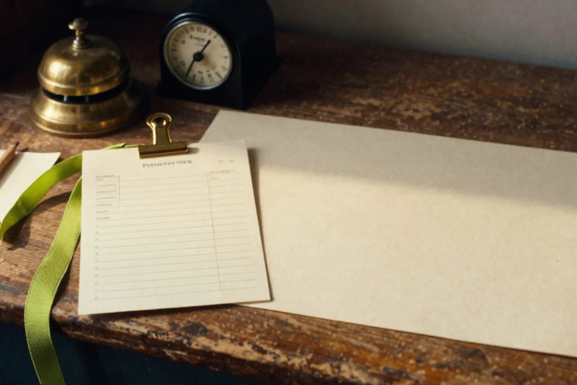 Oak counter with ivory order card, brass clip, green ribbon, brass bell, tally counter, pencil, wax seal.