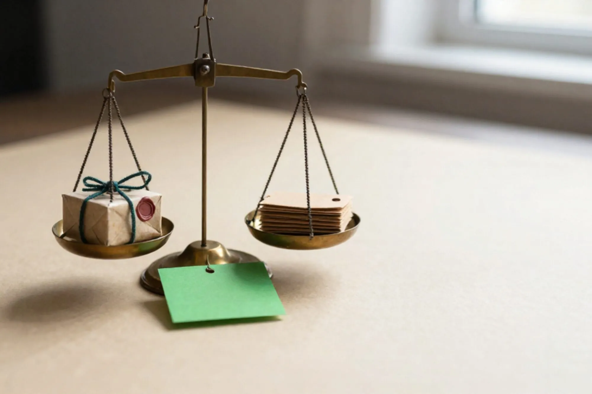 Brass two-pan scale with small craft-paper parcel on left pan and stack of paper tags on right, on ivory paper surface.