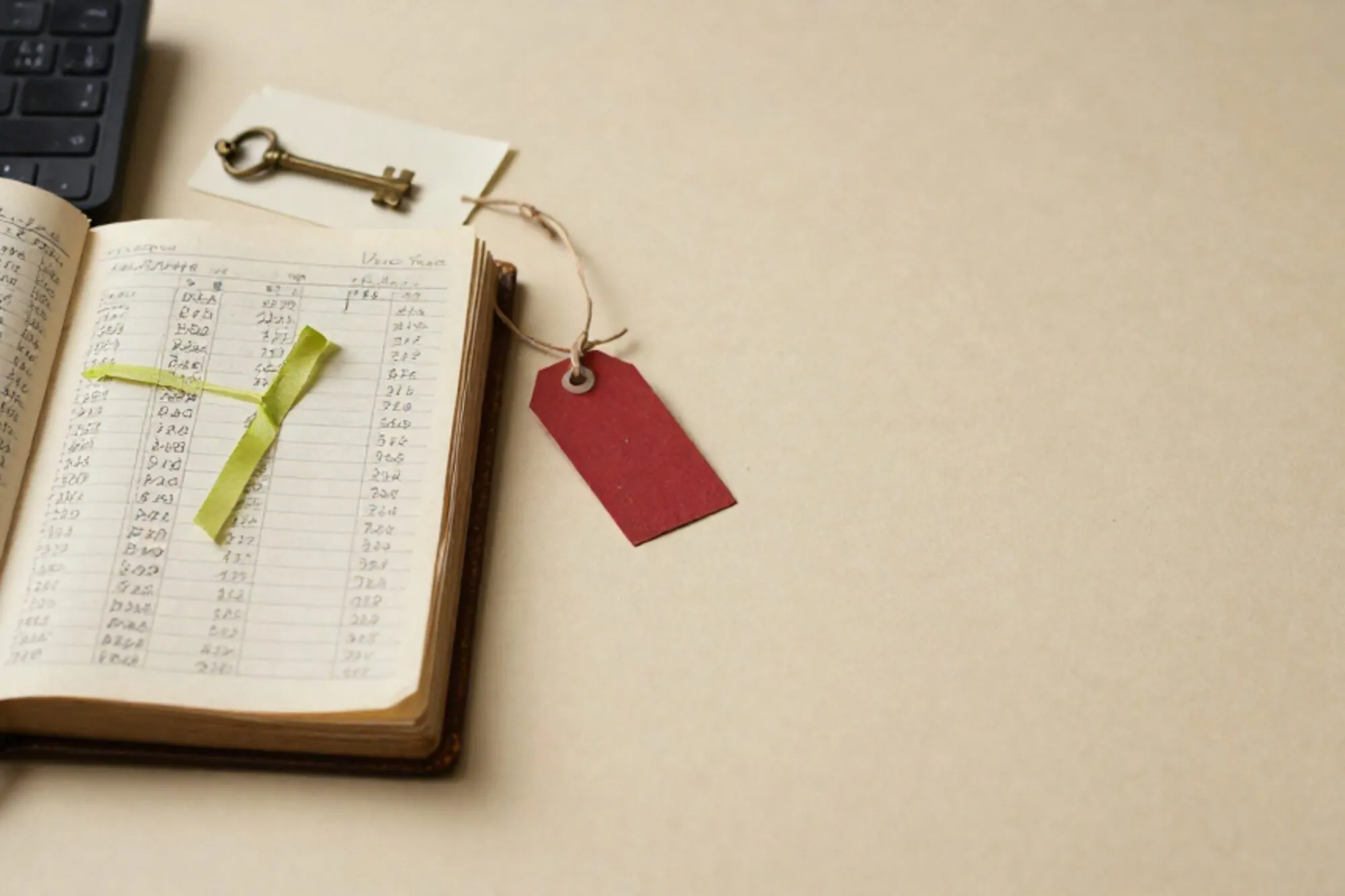 Open leather ledger with handwritten price columns, green silk ribbon, brass key on index card, red shipping tag on ivory paper.