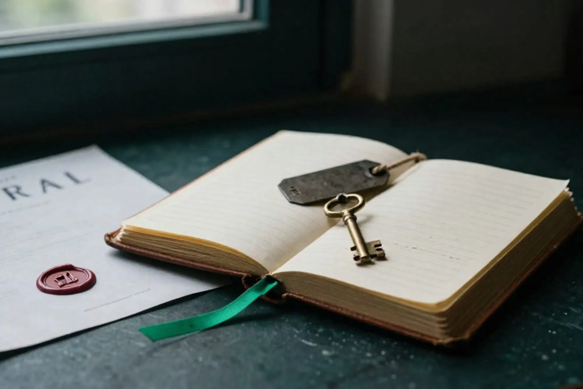 Open leather logbook with brass key, twine-tied iron tag, green ribbon, red wax seal on ivory blotter.
