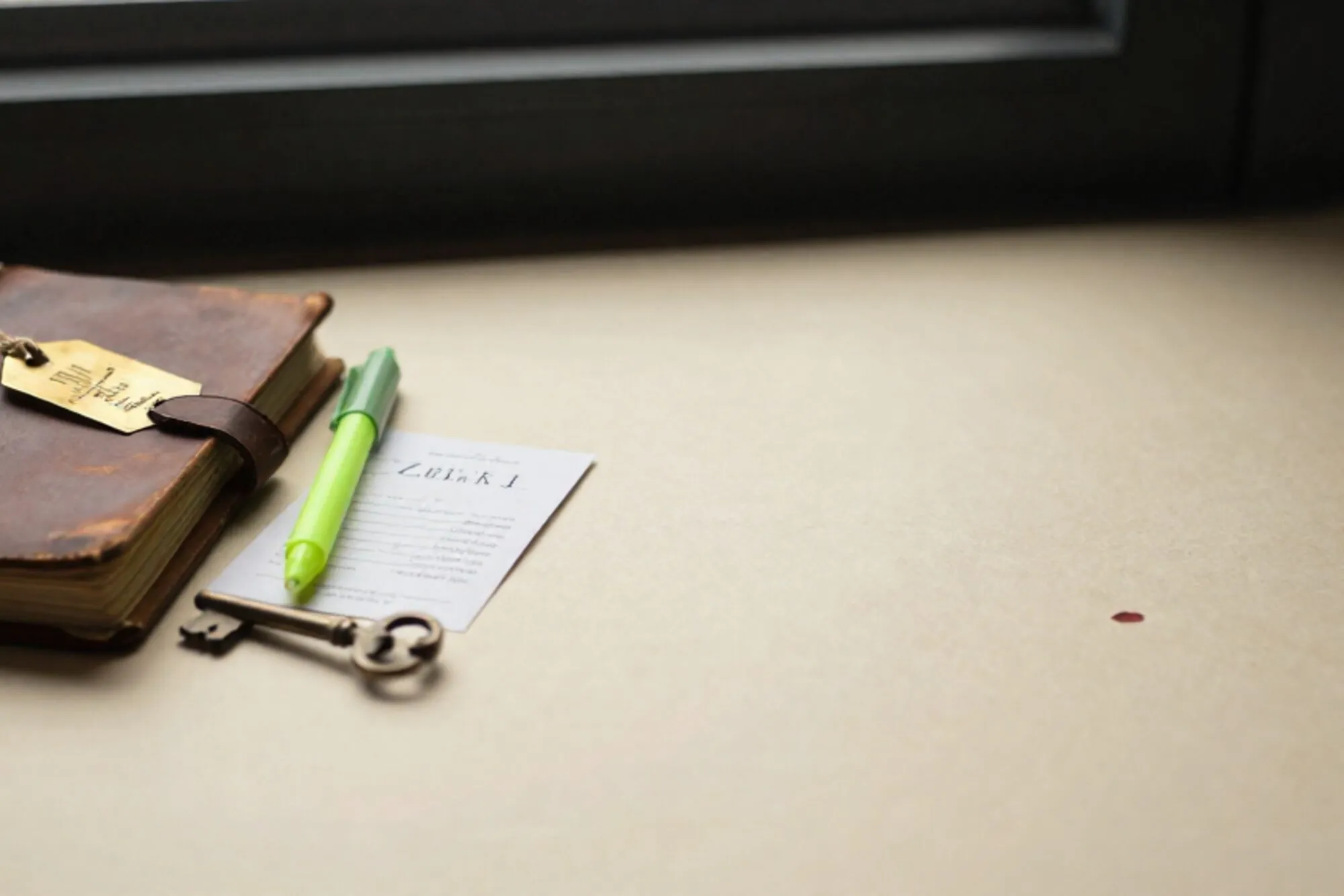 Open leather ledger with brass tag, green ribbon marker, brass key, index card on ivory paper in dim light.