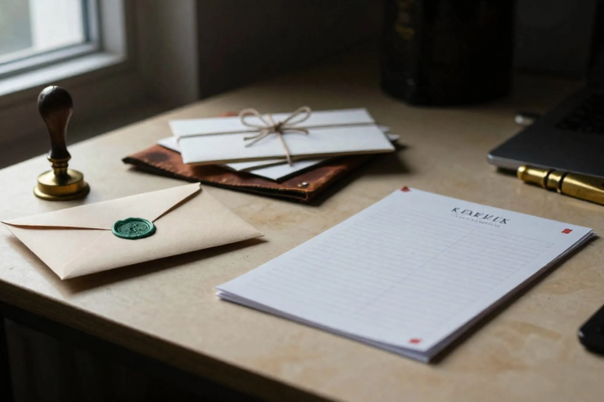 Koperen postweegschaal met envelop en groene lakzegel, leren onderlegger, gebonden brieven, koperen briefopener op ivoor.