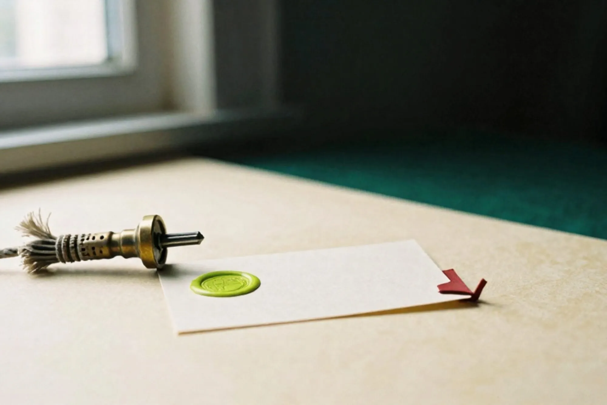 Weathered brass switchboard plug with frayed cloth cord beside cream index card with green wax seal on ivory linen.
