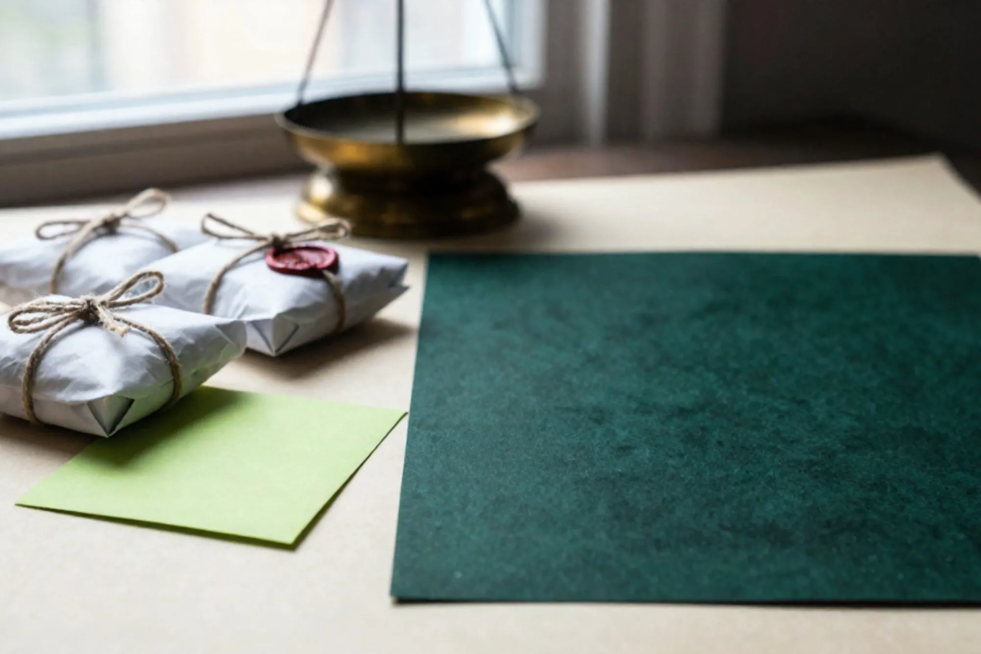 Three twine-tied parcels on ivory paper, chartreuse postcard beneath the smallest, brass scale behind, dark space right.
