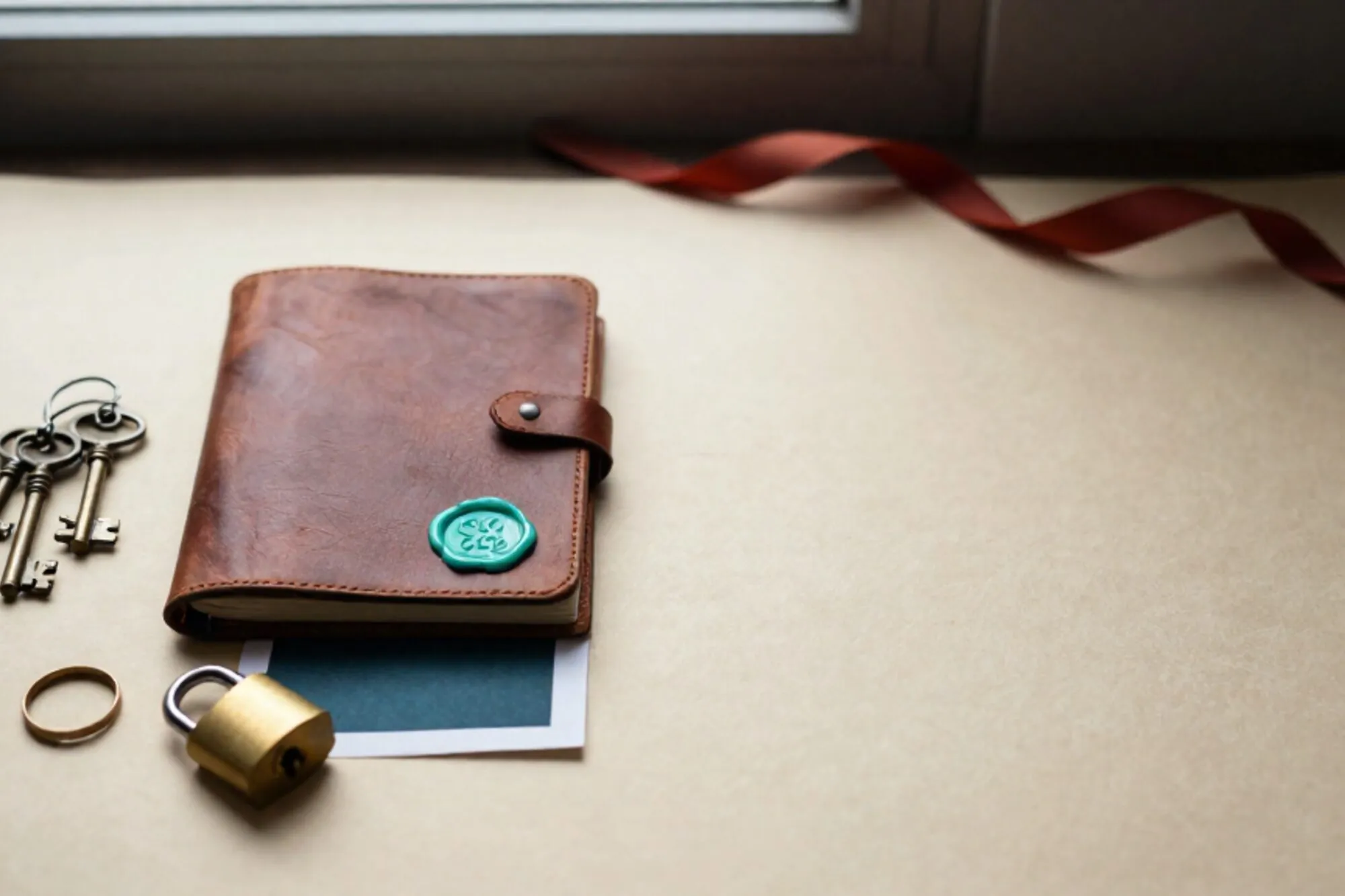 Bronzen ring antieke sleutels, leren grootboek met groen lakzegel, kaart, open hangslot, rood lint op ivoren bureau.