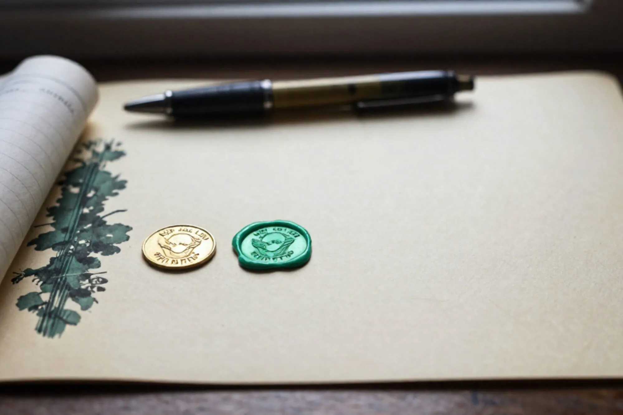 Twee messing postzegels op een crème indexkaart met groen lakzegel, pen en gevouwen kwitantie op versleten bureauonderlegger.