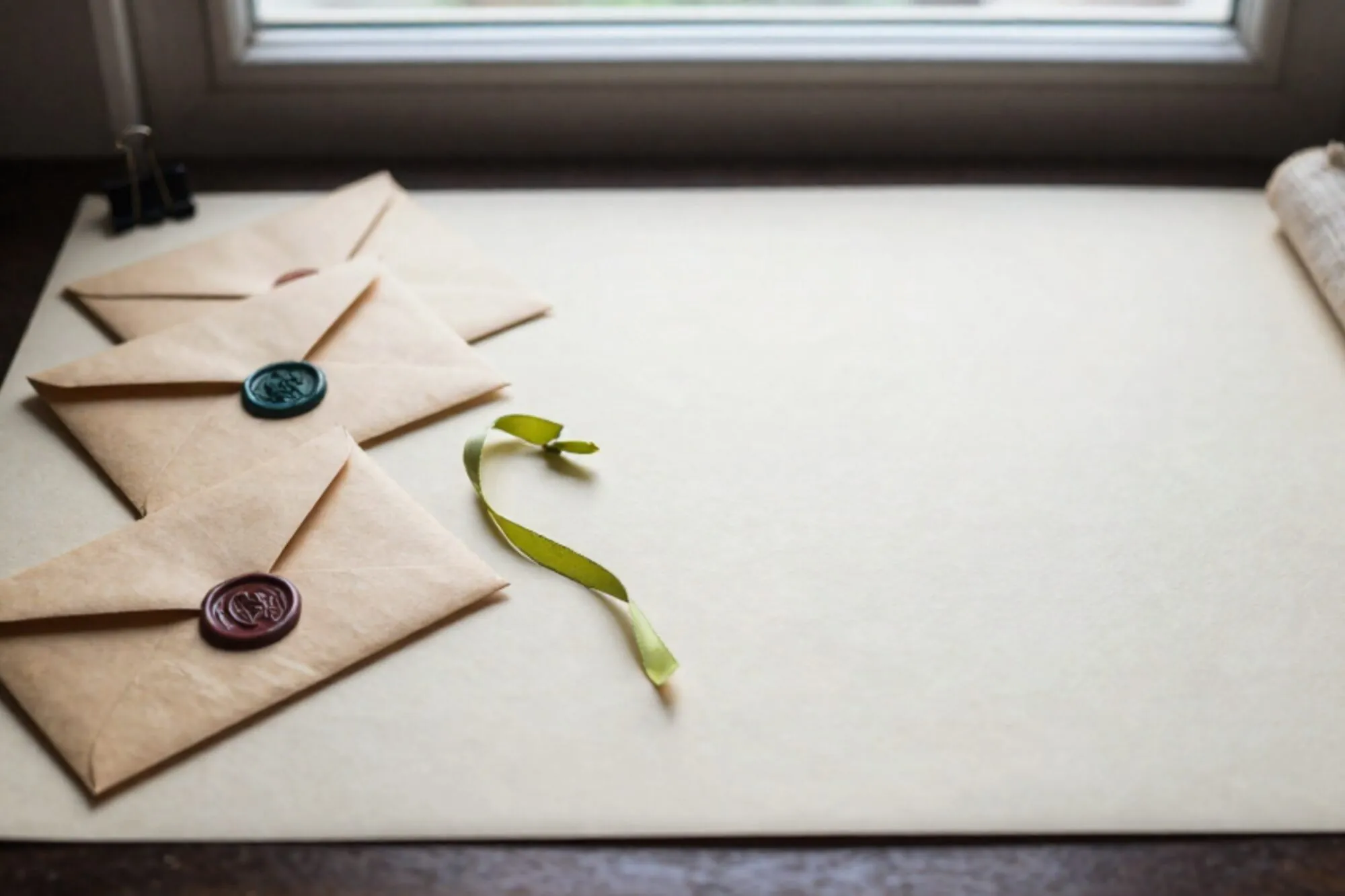 Three sealed envelopes with coloured wax seals, green ribbon, red stamp, brass clip on ivory paper desk.