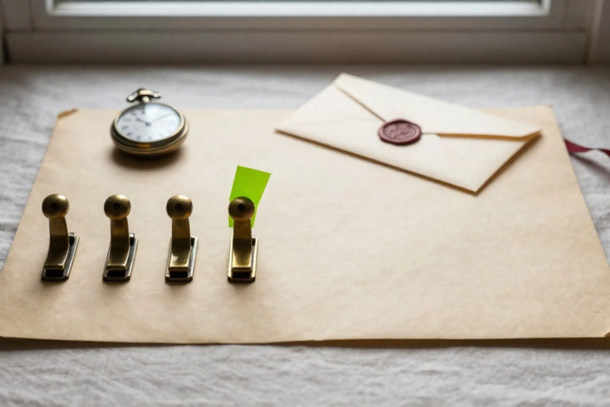 Vier messing wisselhendels op linnen bureaumat, één met groen label, omgekeerd zakhorloge, verzegelde envelop.