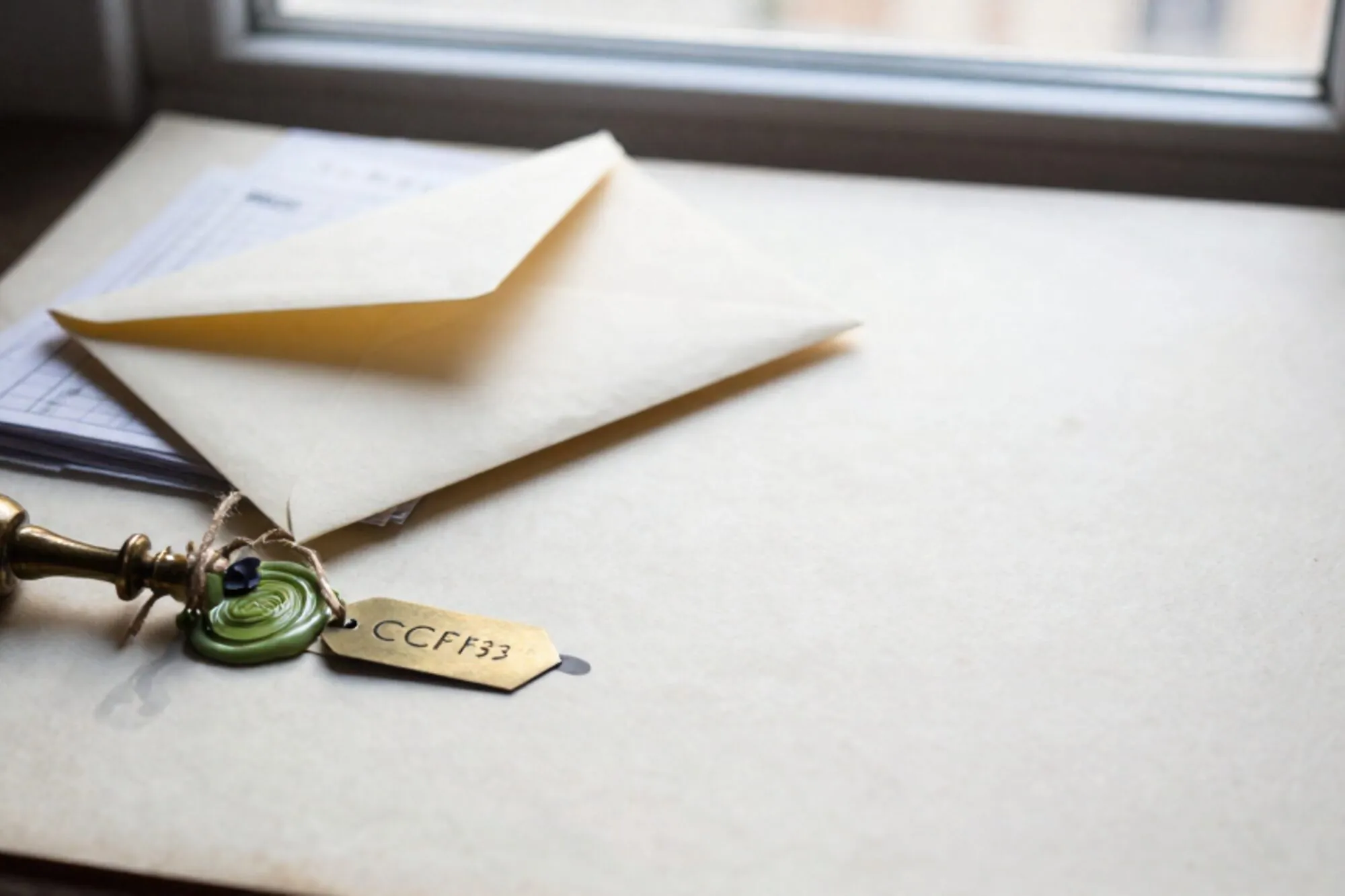 Cream envelope with chartreuse wax seal on ivory blotter, brass tag on twine, dispatch slips, side window light.