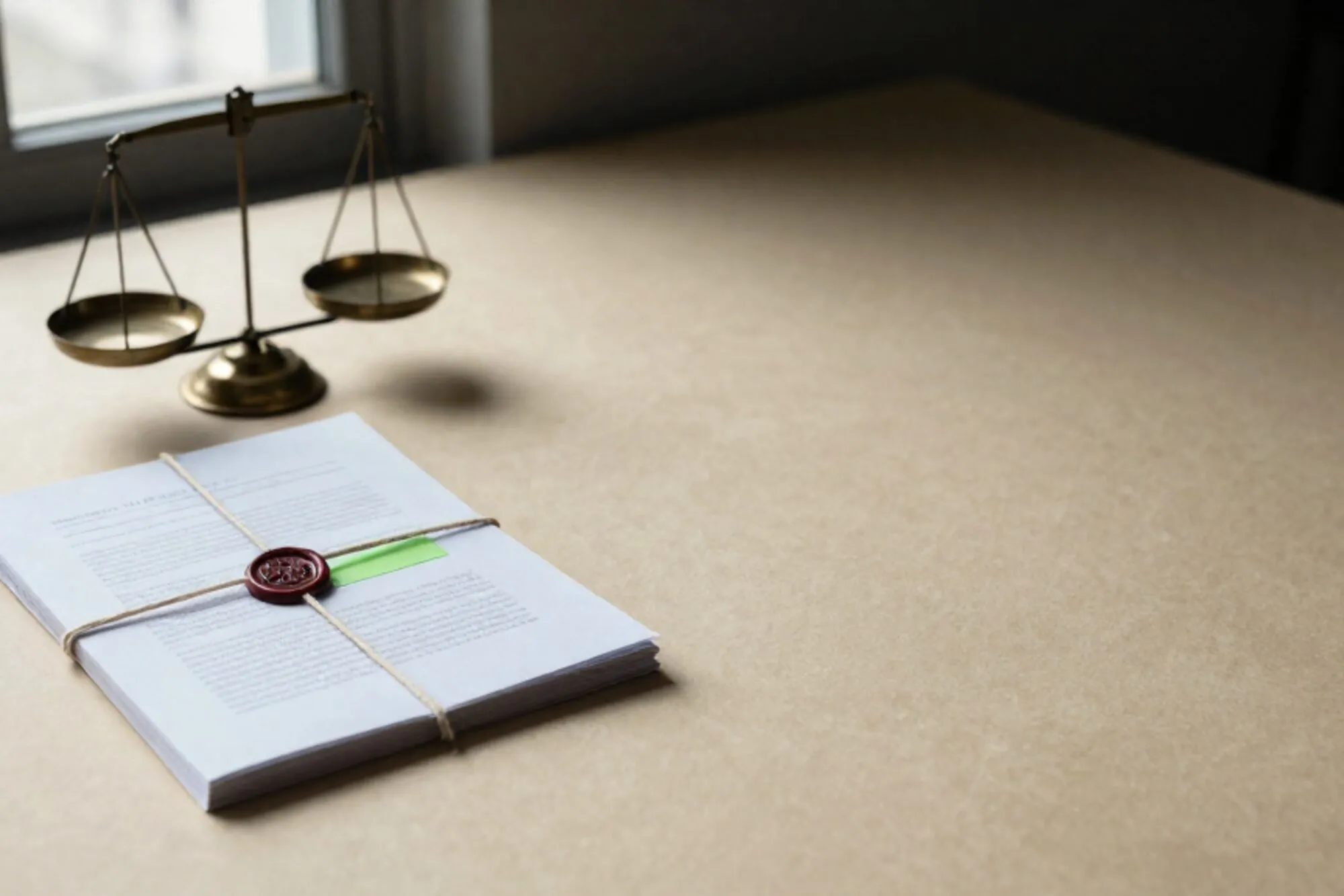 Gevouwen papieren contract met linnen koord naast kleine messing weegschaal, groen tabblad bij clausule, rode lakzegel.