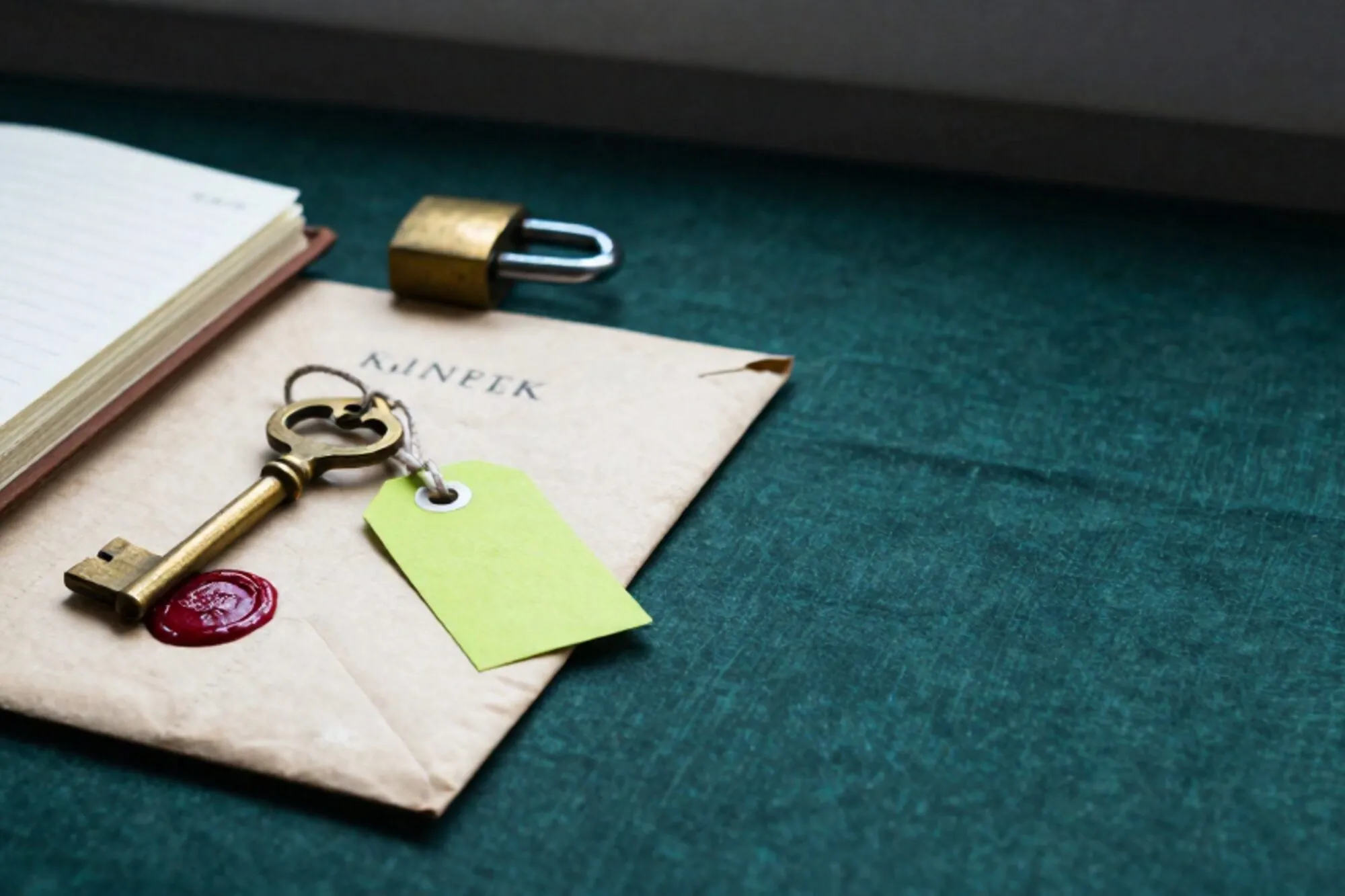 Brass key on wax-sealed envelope, green tag, open leather logbook, unclasped padlock on linen.