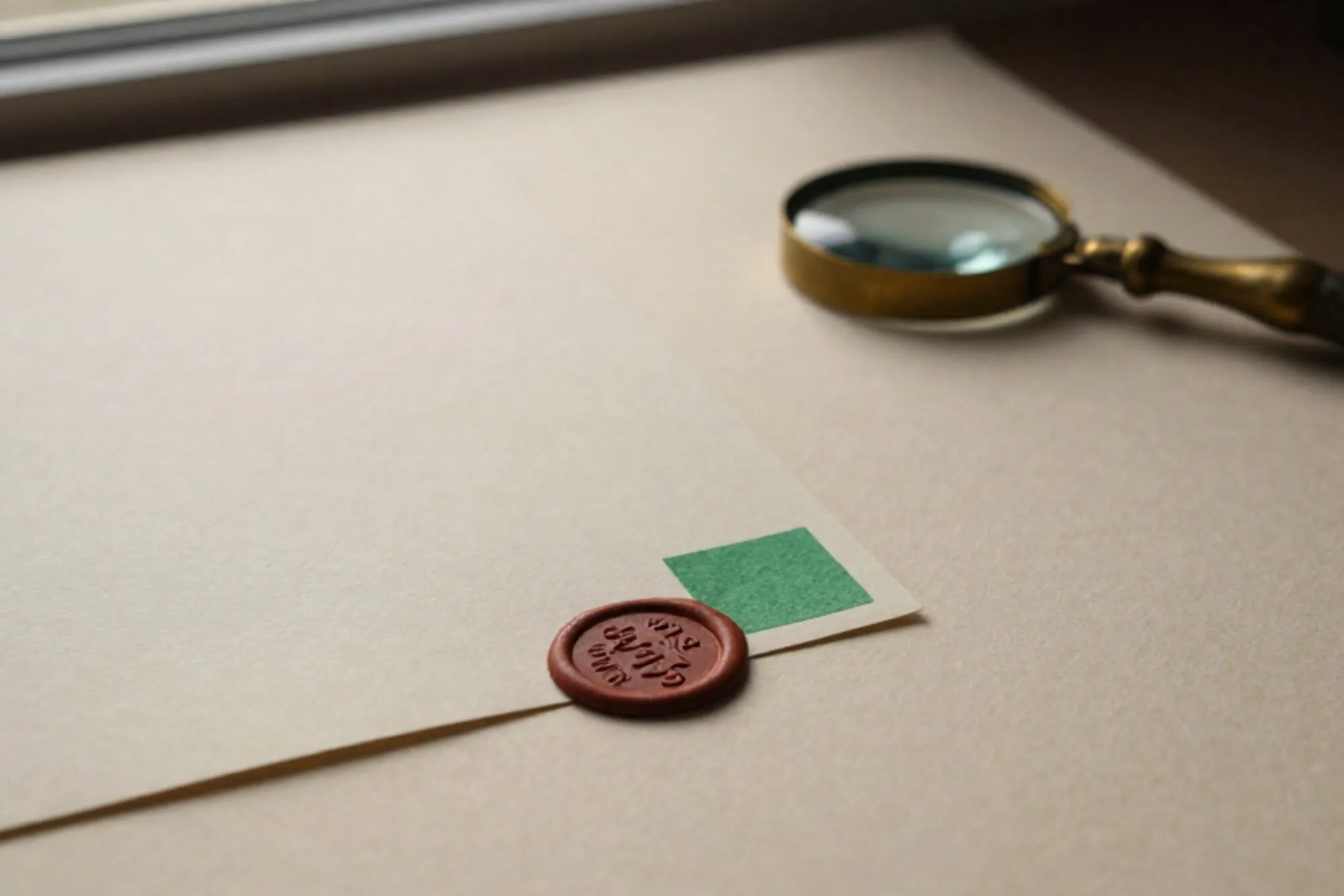 Letterpersvel op ivoorpapier met chartreuse stalenkaart, rood lakzegel en koperen loep in zacht avondlicht.