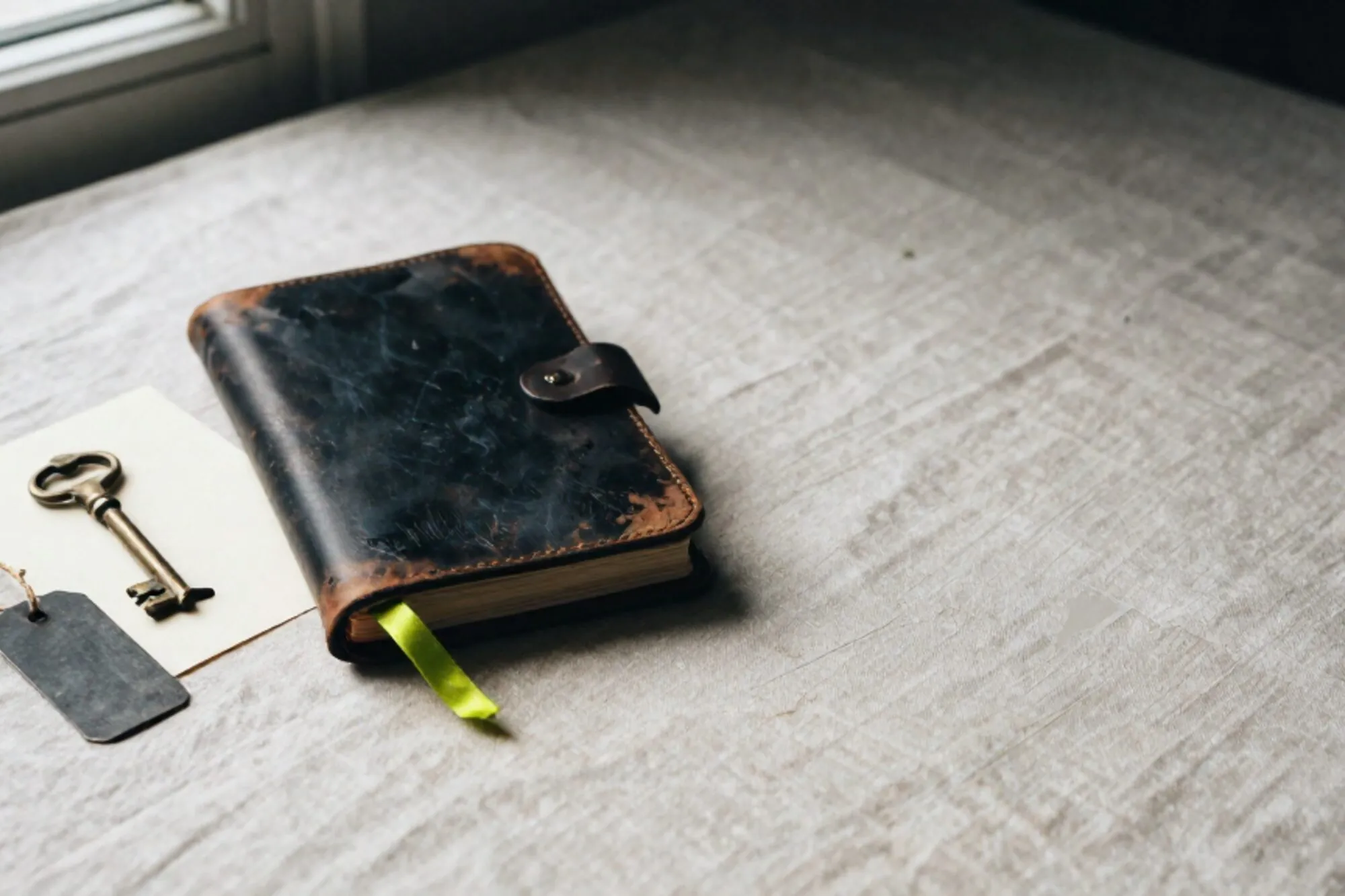 Leren logboek met groen lint, koperen sleutel op indexkaart, ijzeren label op ivoor linnen, donkere schaduw rechts.