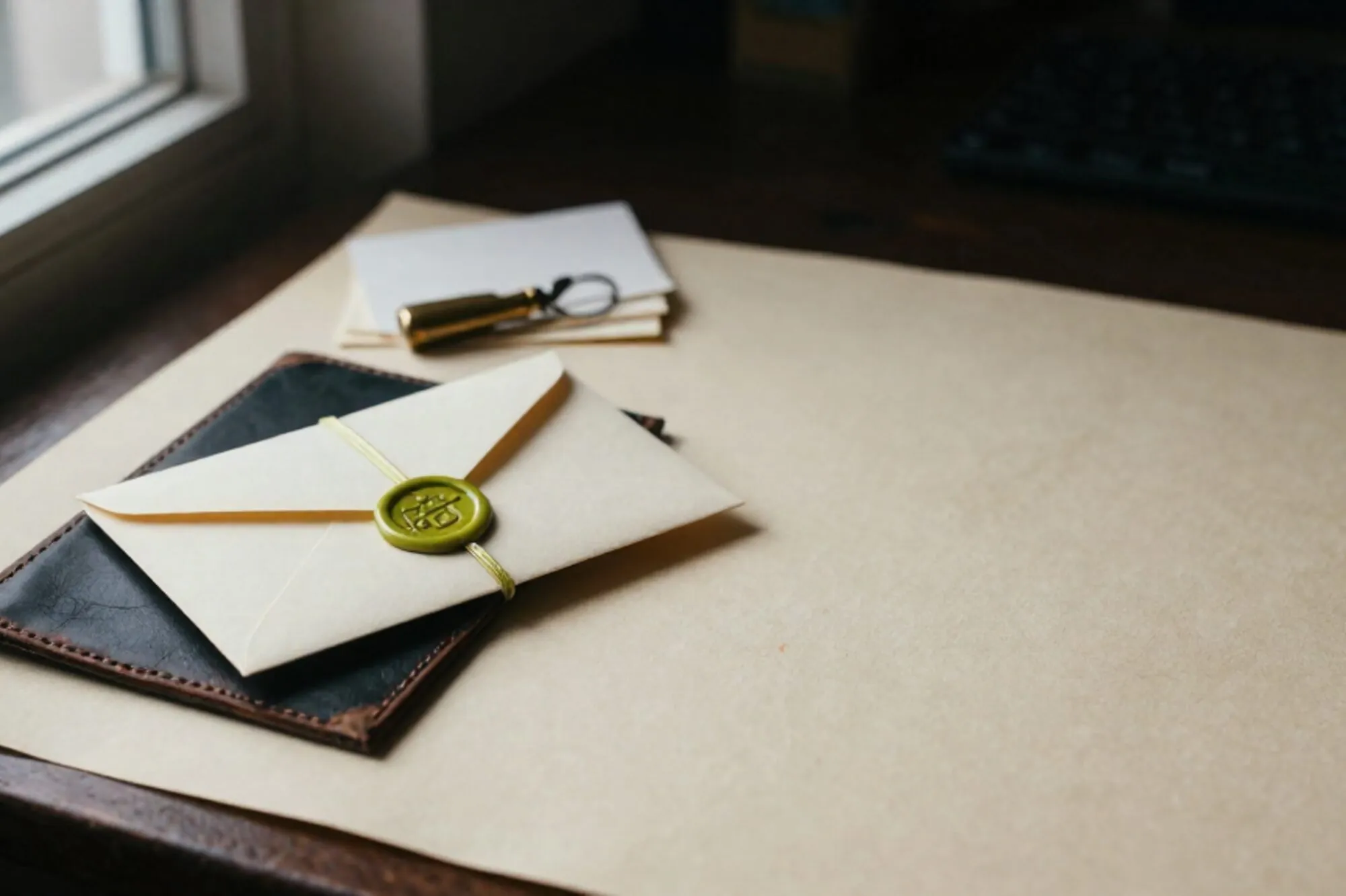 Crème envelop met chartreuse waslint op donkergroen leren onderlegger, koperen briefopener, carbonbonnen, ivoor bureau.