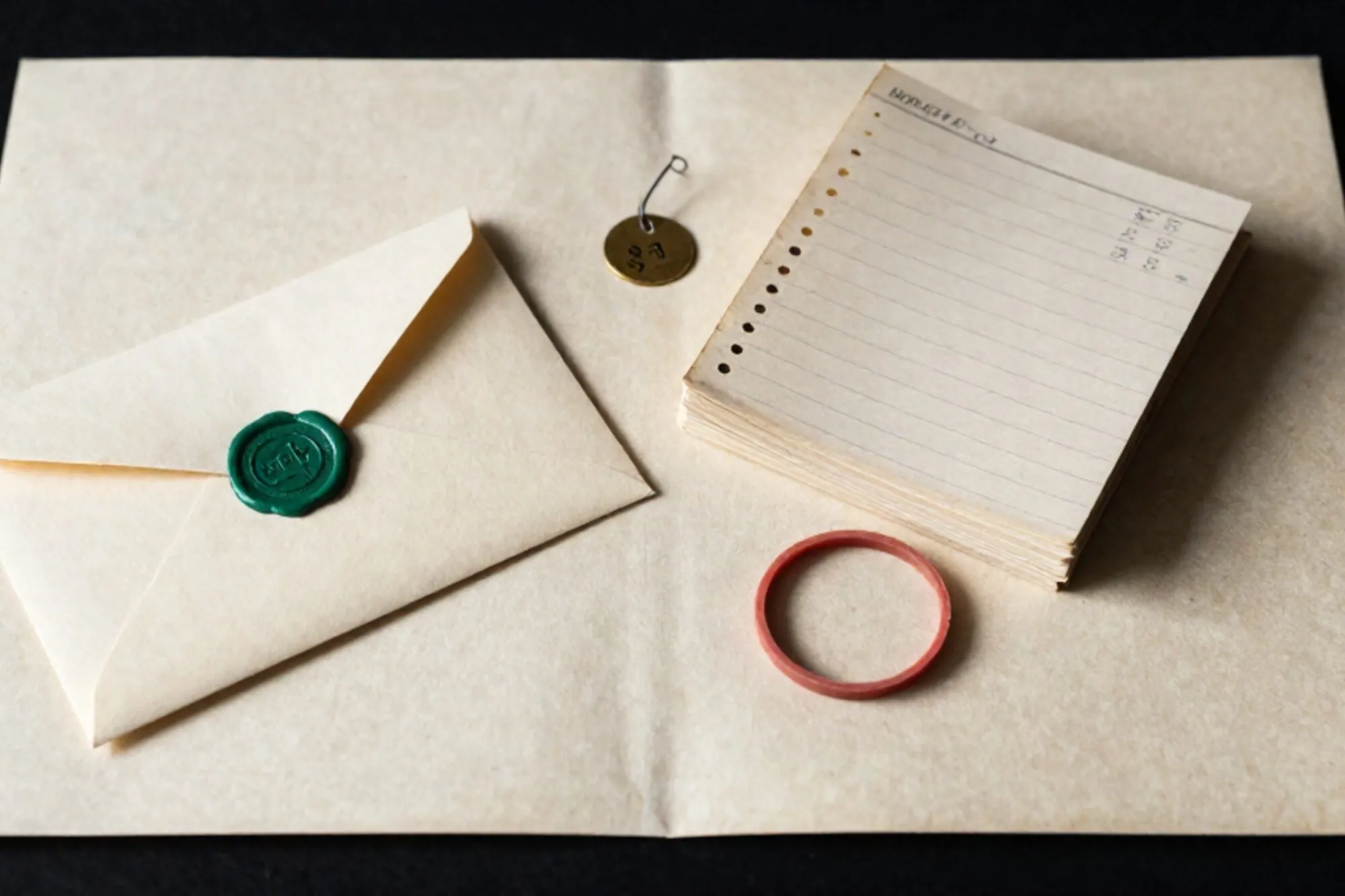 Cream payslip envelope with green wax seal on ivory desk blotter, brass tag, carbon ledger, red rubber band.
