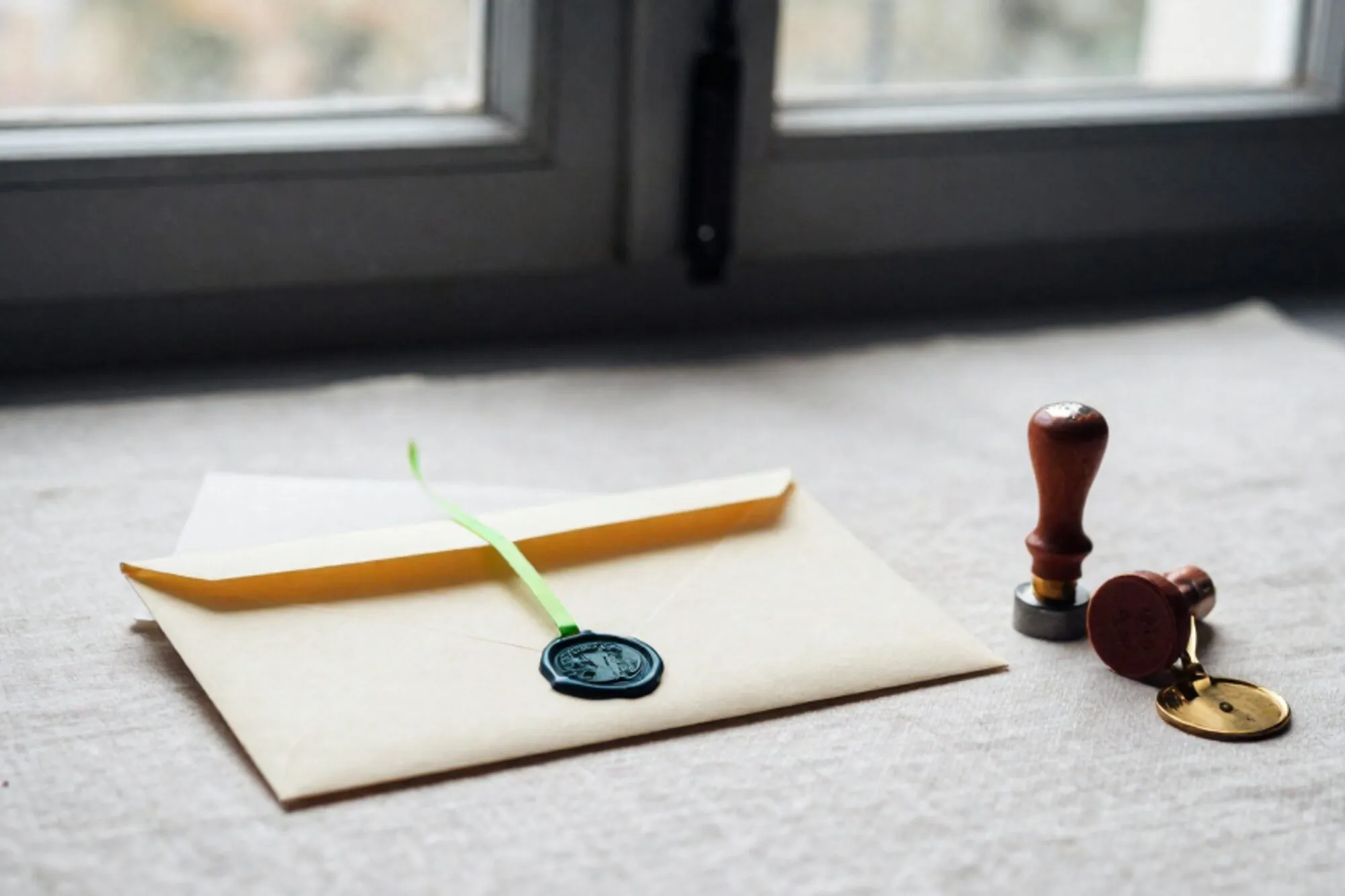 Cream paper envelope sealed with dark green wax, chartreuse ribbon through the flap, brass tag and red rubber stamp on linen.