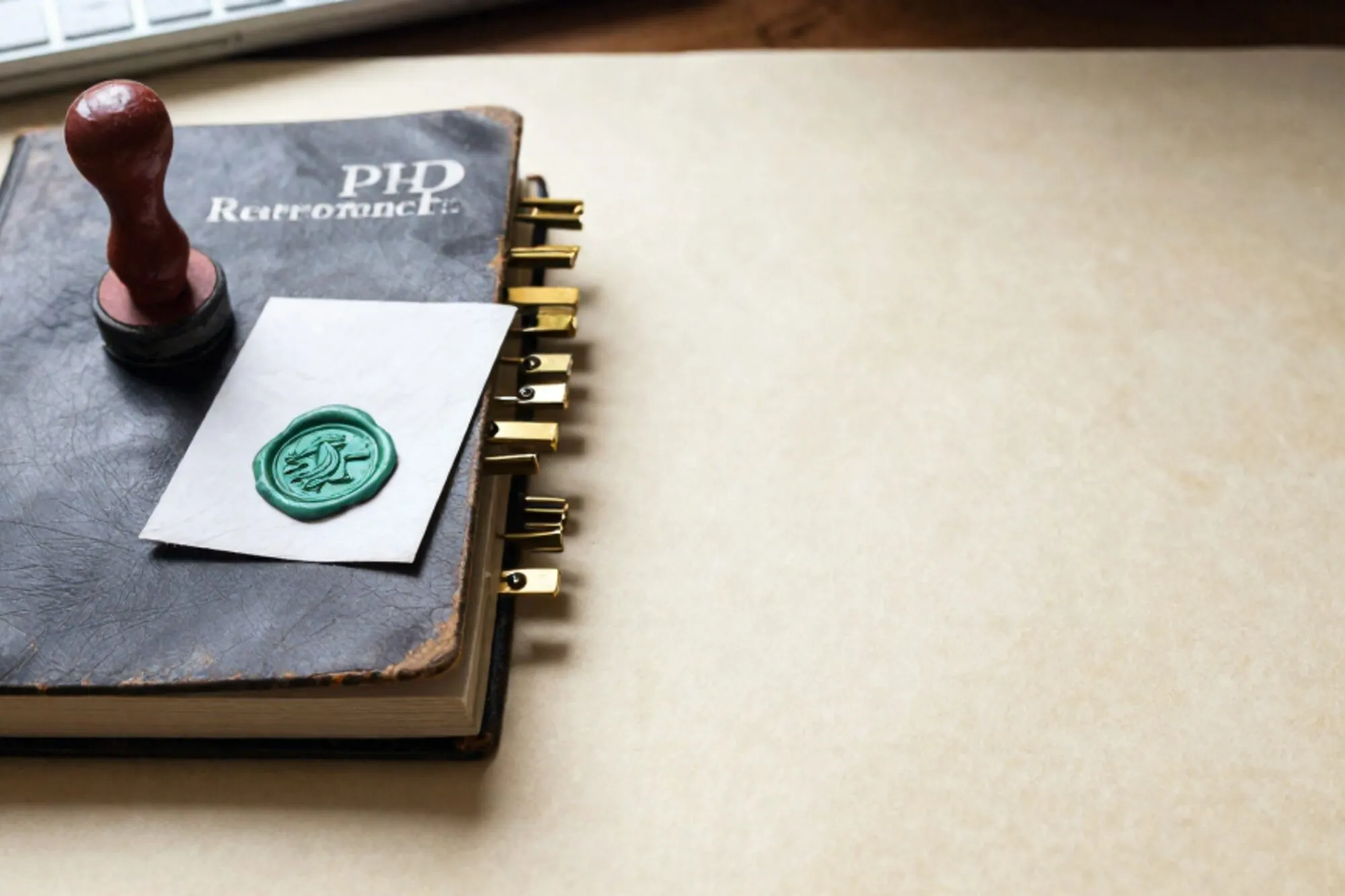 Leather PHP manual, brass index tabs, paper slip with green wax seal, red rubber stamp on ivory paper.