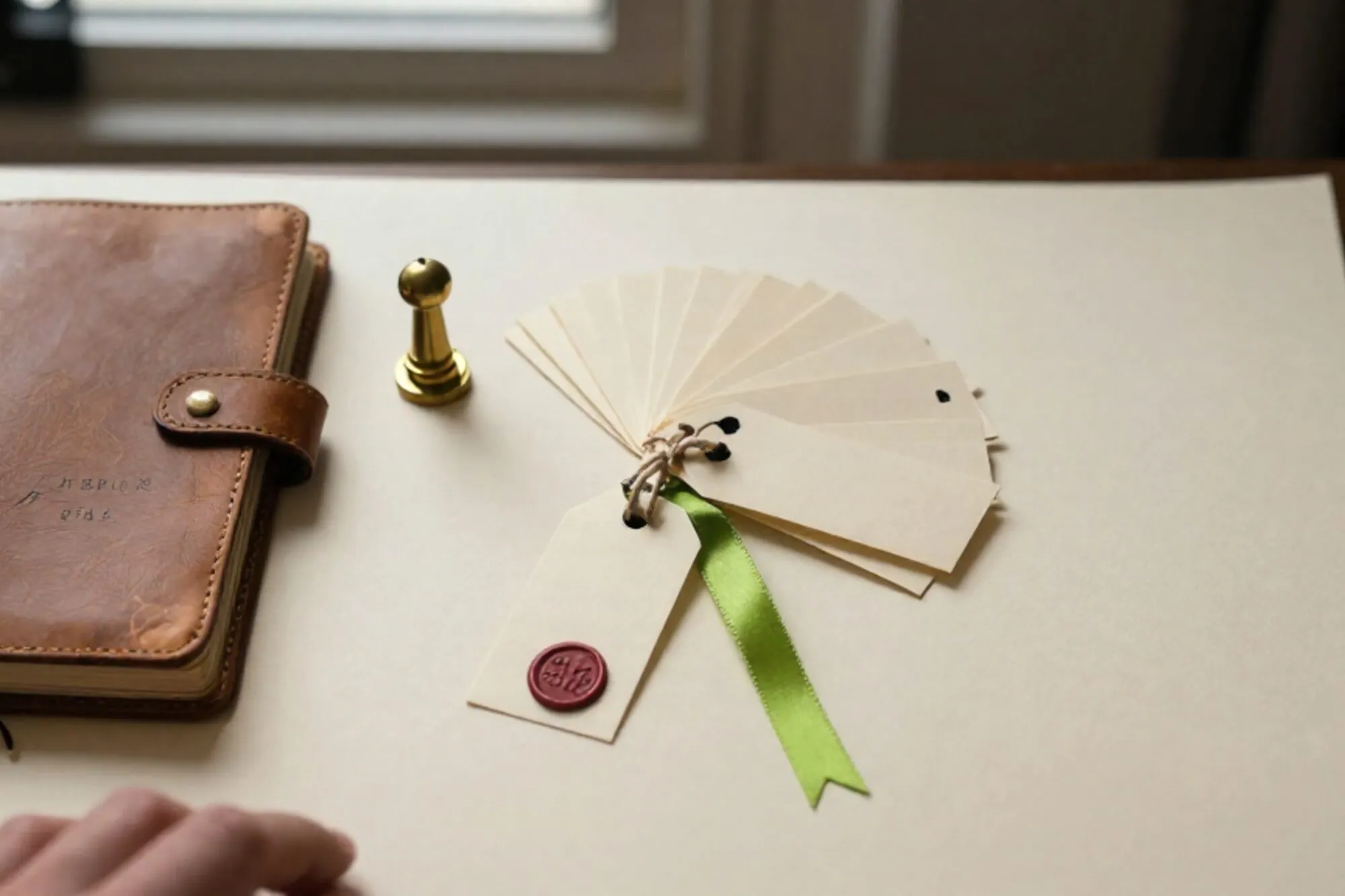 Leren leveranciersboek open op ivoren bureau, waaier papieren prijskaartjes met linnen touw, groen lint, rode lakzegel.