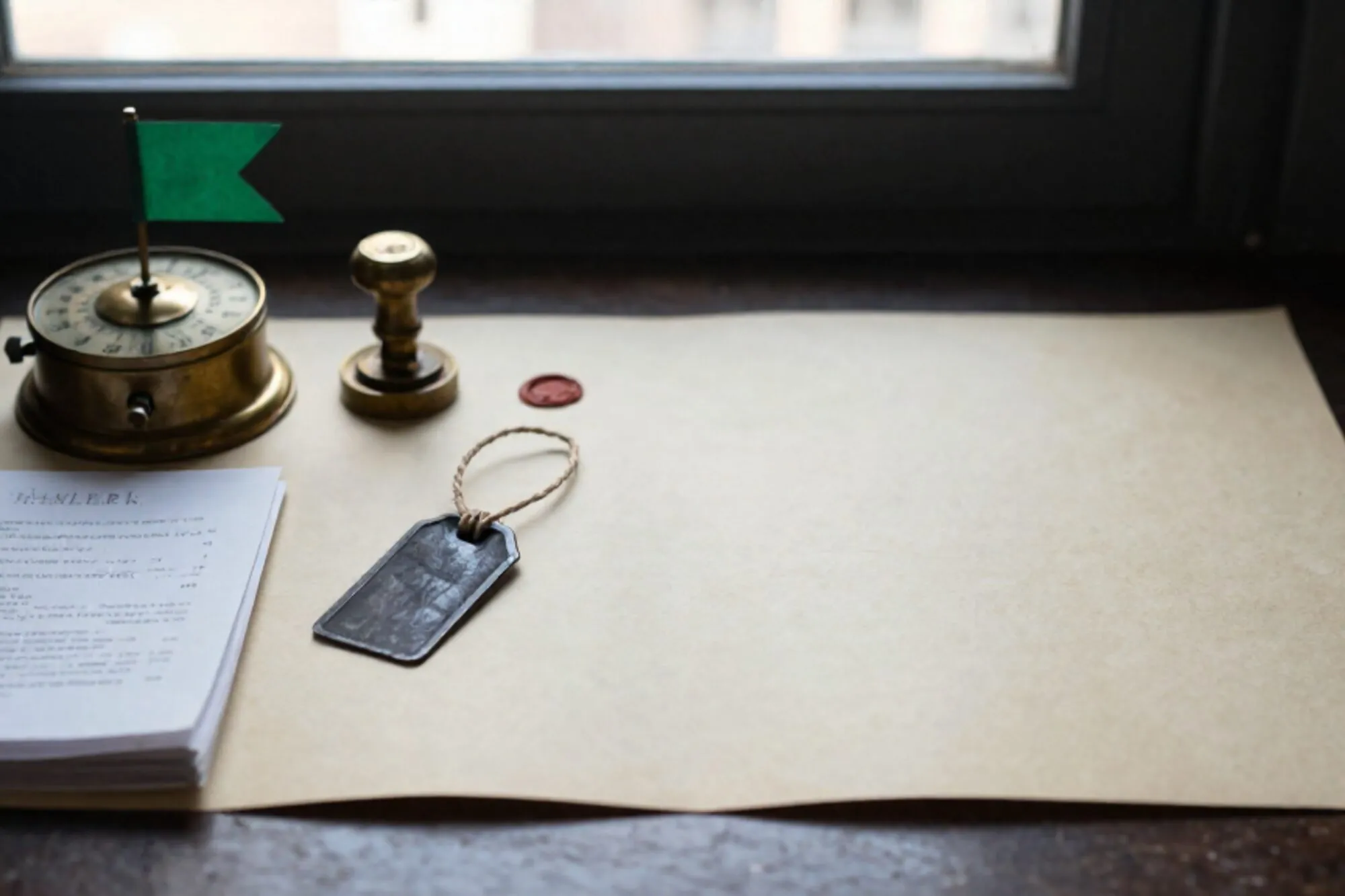Brass ship's telegraph, folded paper manifest, green signal flag, iron tag and wax seal on ivory desk blotter.