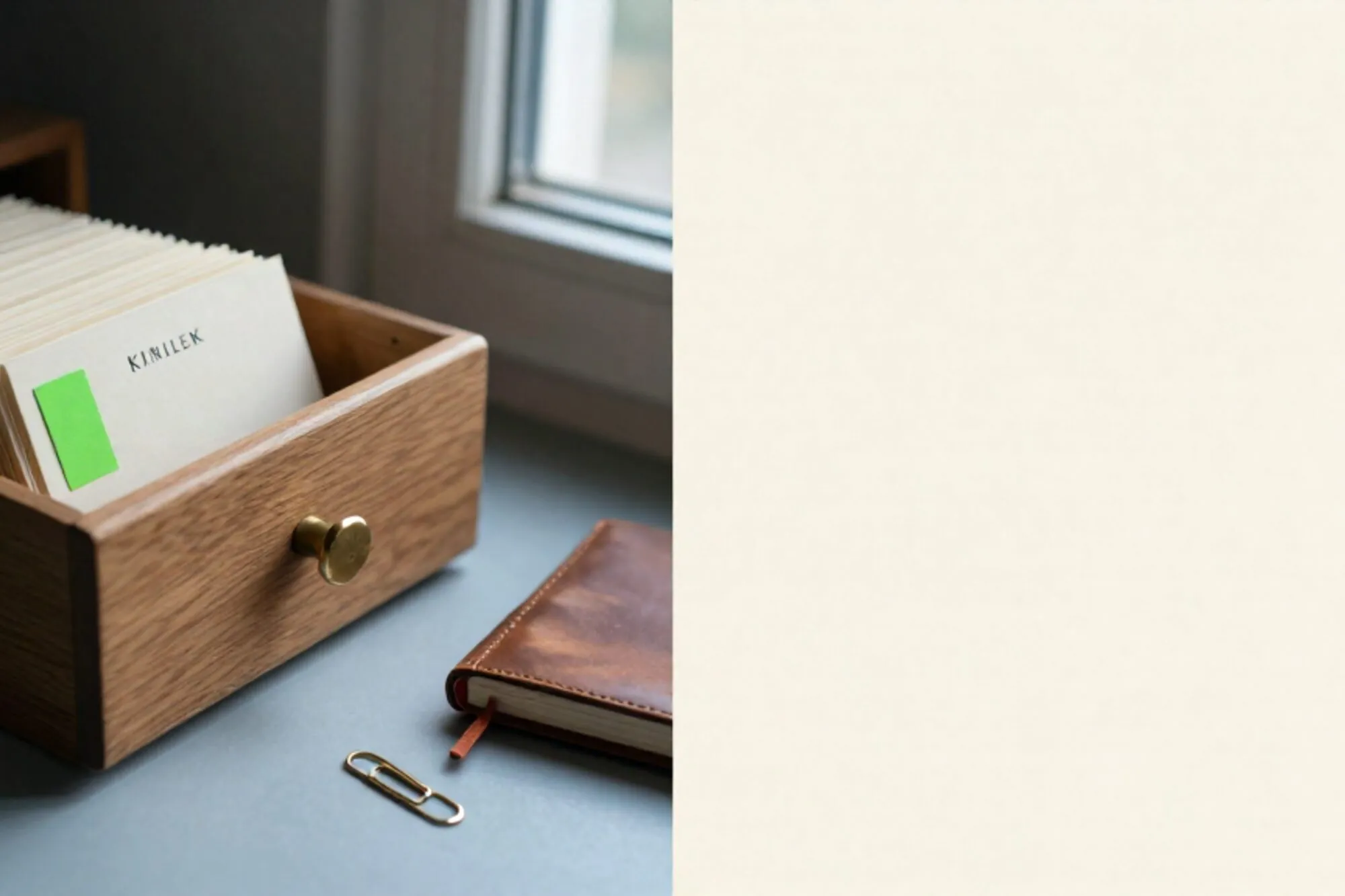 Half-open oak index-card drawer with cream cards, brass divider, green tab, leather logbook, paperclip on ivory linen.