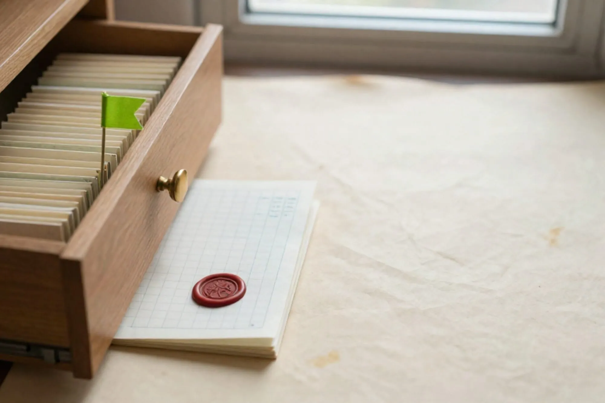 Open oak index drawer with nineteen ledger tabs, one flagged green, beside folded paper, brass divider, red wax seal.