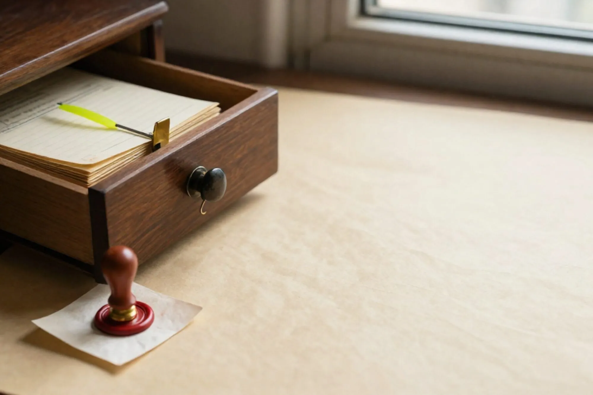 Open oak index-card drawer with yellowed ledger paper, brass clip, green ribbon, red wax seal on ivory paper.
